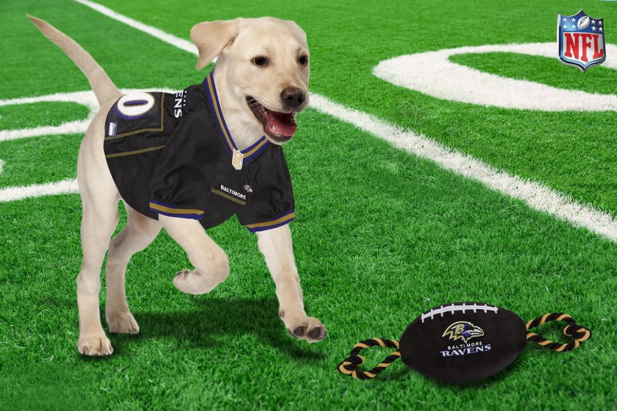 Pets First NFL Baltimore Ravens Football Dog Toy, Tough Nylon Quality Materials with Strong Pull Ropes & Inner Squeaker in NFL Team Color (BAL-3121)