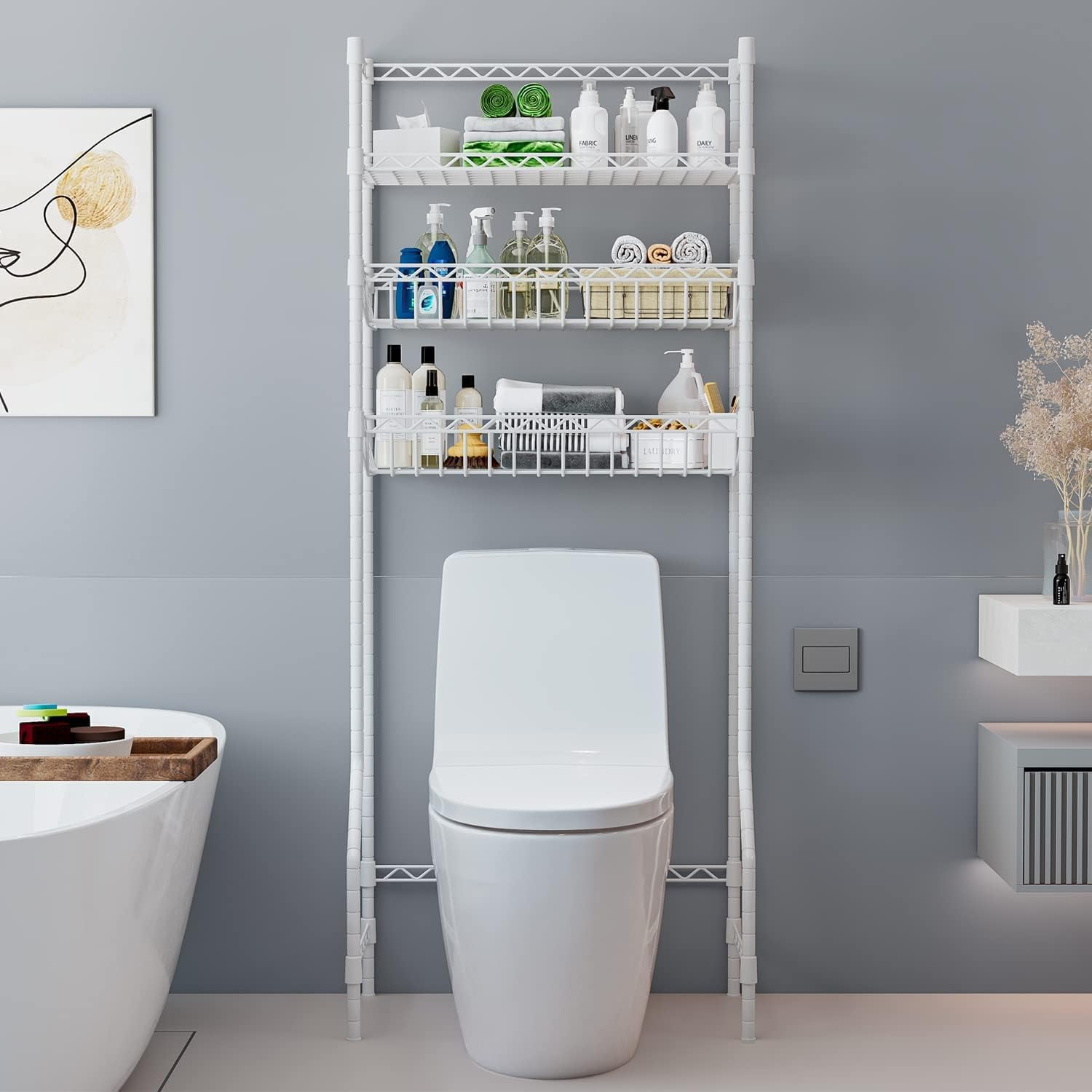 Fuyoula 3 Tier over the Toilet Storage Rack Bathroom Storage Shelf Space Saver Stand above Toilet Wire Shelves Metal Bathroom Organizer Shelf with Adjustable Shelves and Baskets (White) - Black image number 2