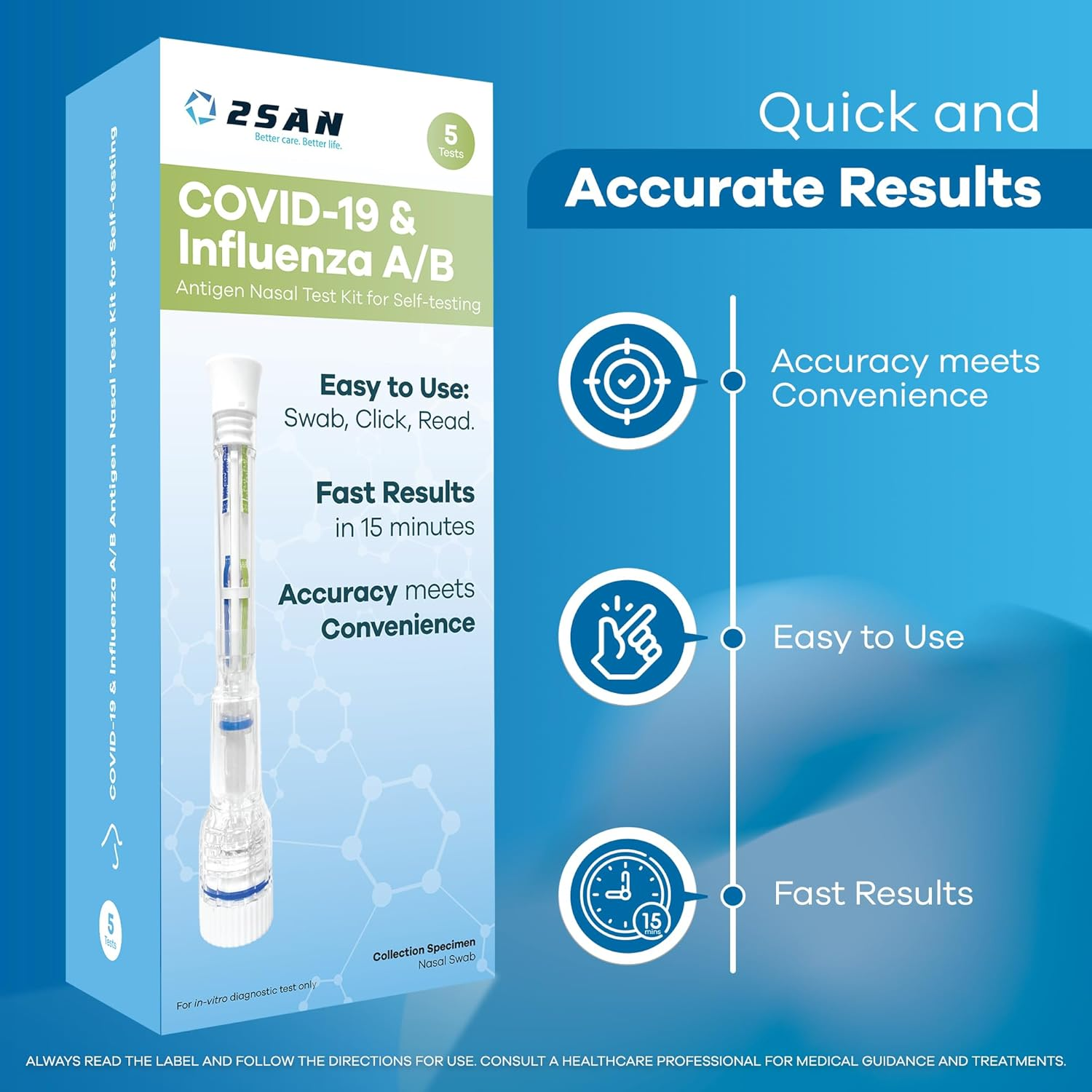 2San COVID-19 & Flu A/B Test &ndash; Results in 15 Minutes &ndash; 5-Pack (5 Test) &ndash; Rapid Antigen Home Test &ndash; Clinically Accurate &ndash; Easy, Non-Intrusive Nasal Swab &ndash; Detects Flu & COVID image number 3