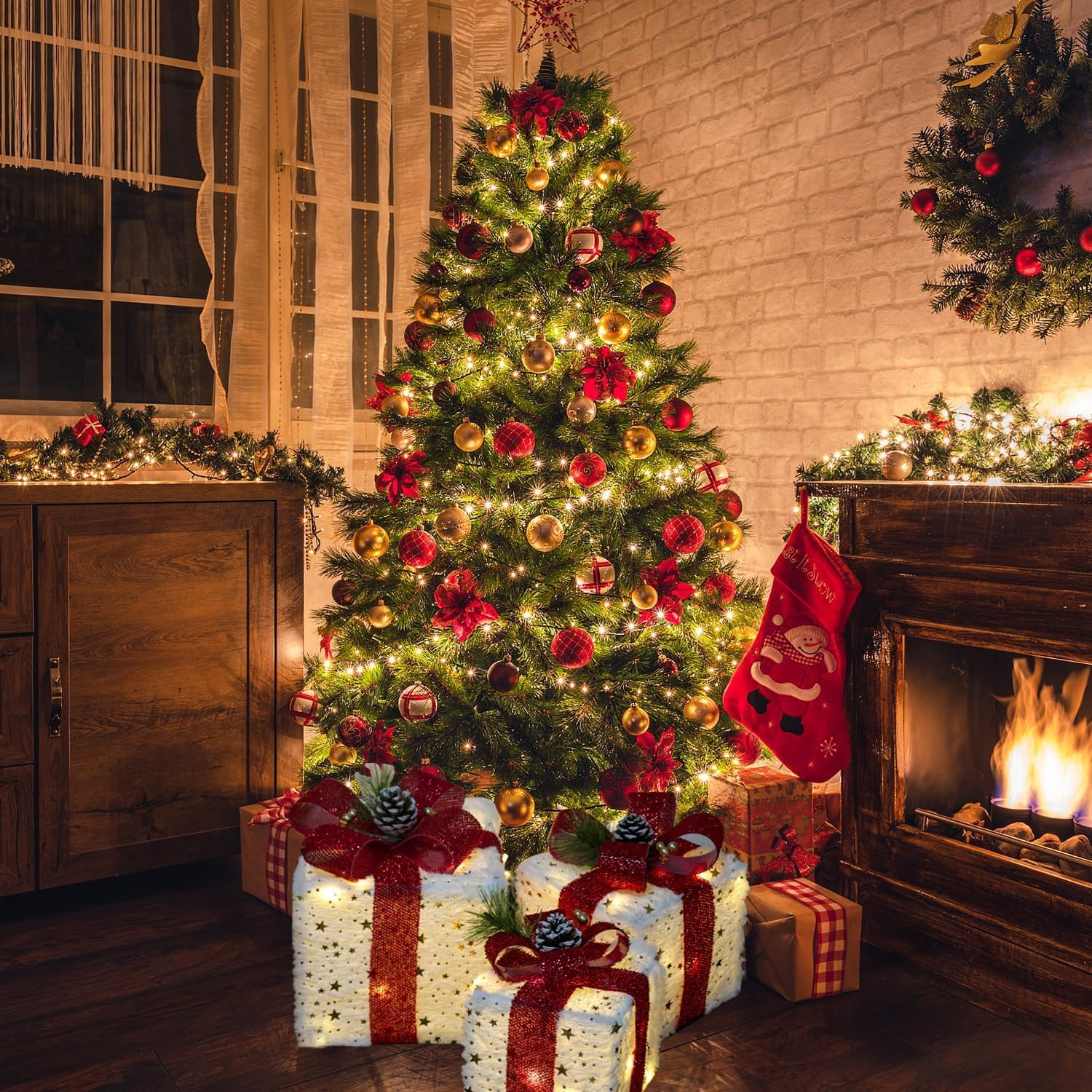 Christmas Lighted Gift Boxes Decorations, Set of 3 Light up Present Boxes Ornament with 8 Flashing Modes & Function, Christmas Tree Decorations for Indoor Home, Party, Lawn Decor image number 1