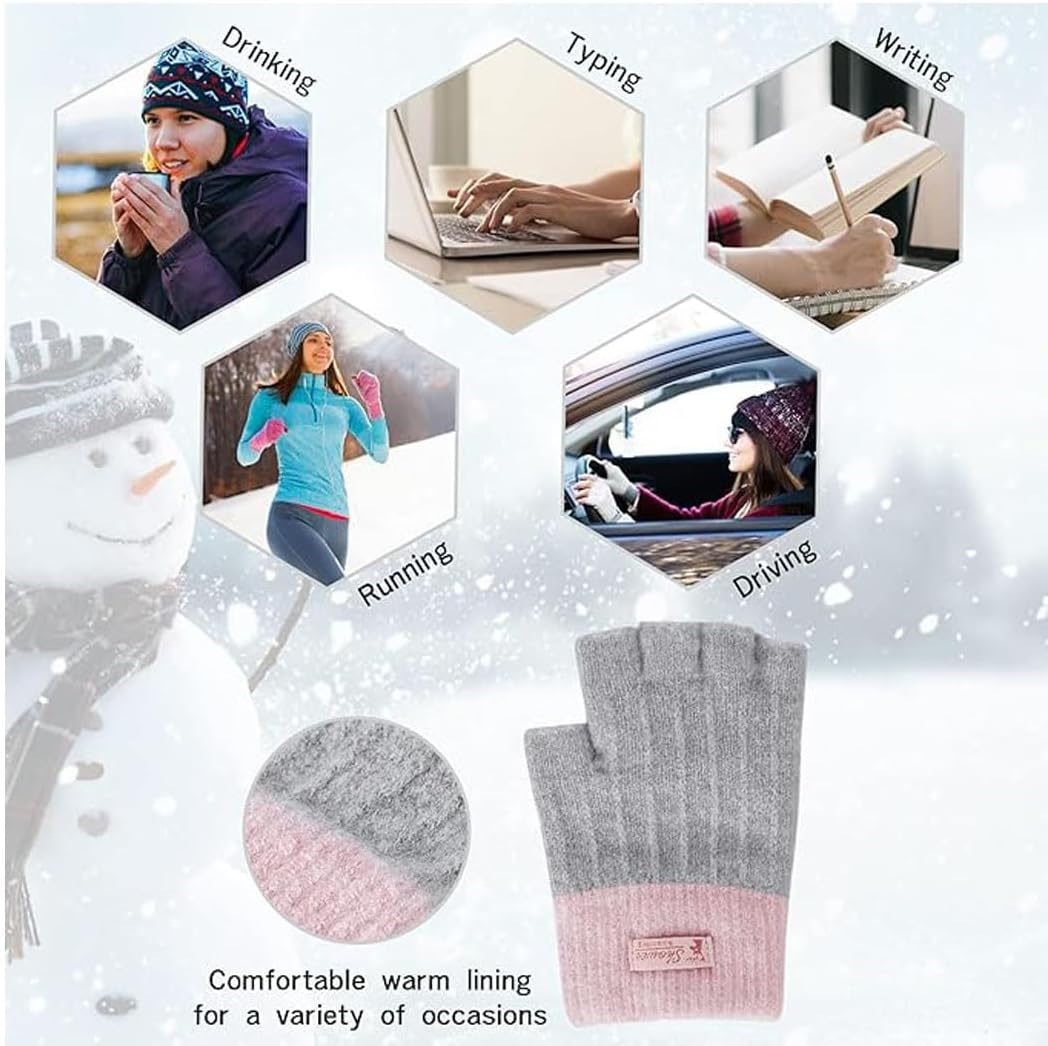 2 Pairs Fingerless Gloves for Women Warm, Winter Thermal Gloves Knitted Soft Half Fingers Mittens for Cold Weather Driving Working Typing