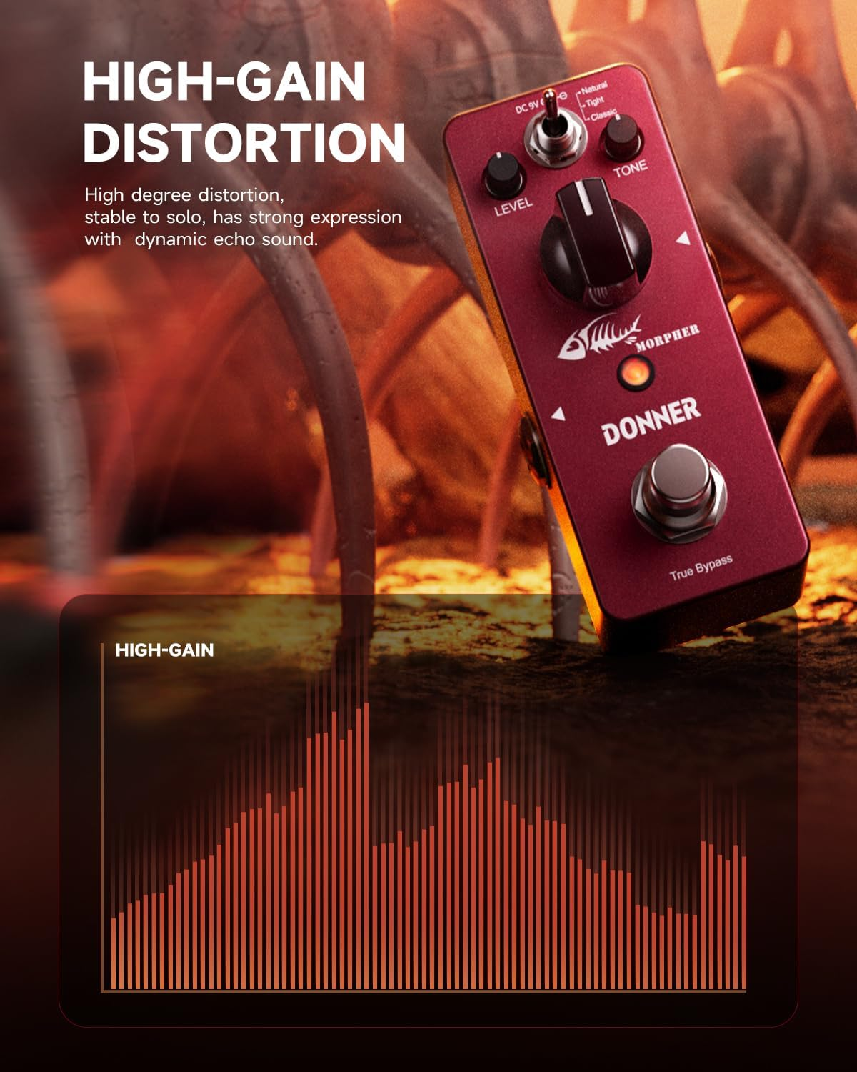 Donner Distortion Guitar Pedal, Morpher Distortion 3 Modes Natural Tighter Classic Crunch 80 Metal for Electric Guitar True Bypass - Distortion image number 4