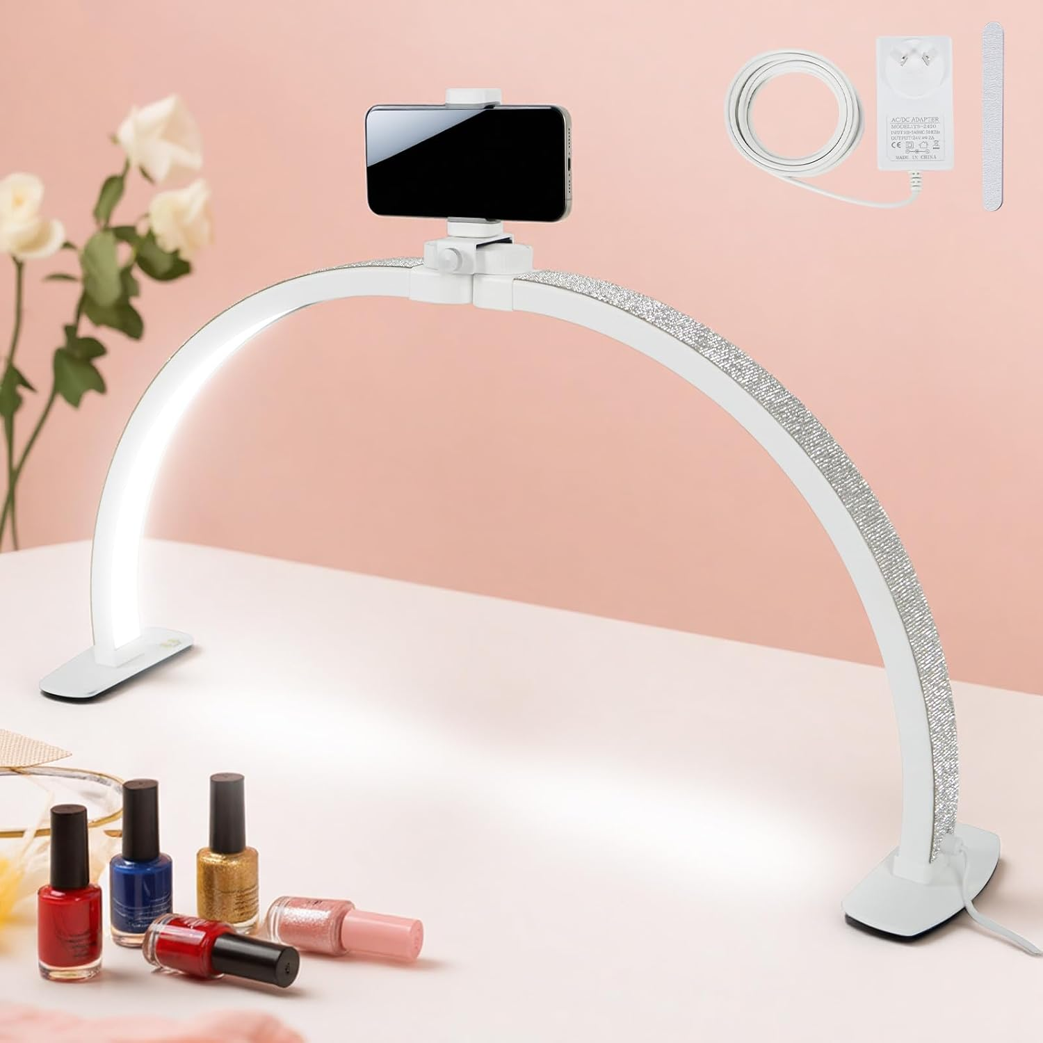 LIWEGHT 29 Inch Half Moon Light for Nail Desk, 4800LM 3 Color Temperature (3000K-6500K) 9 Brightness Dimmable, Foldable Nail Table Lamp for Manicure Eyelash Extensions Tattoo Skincare, White