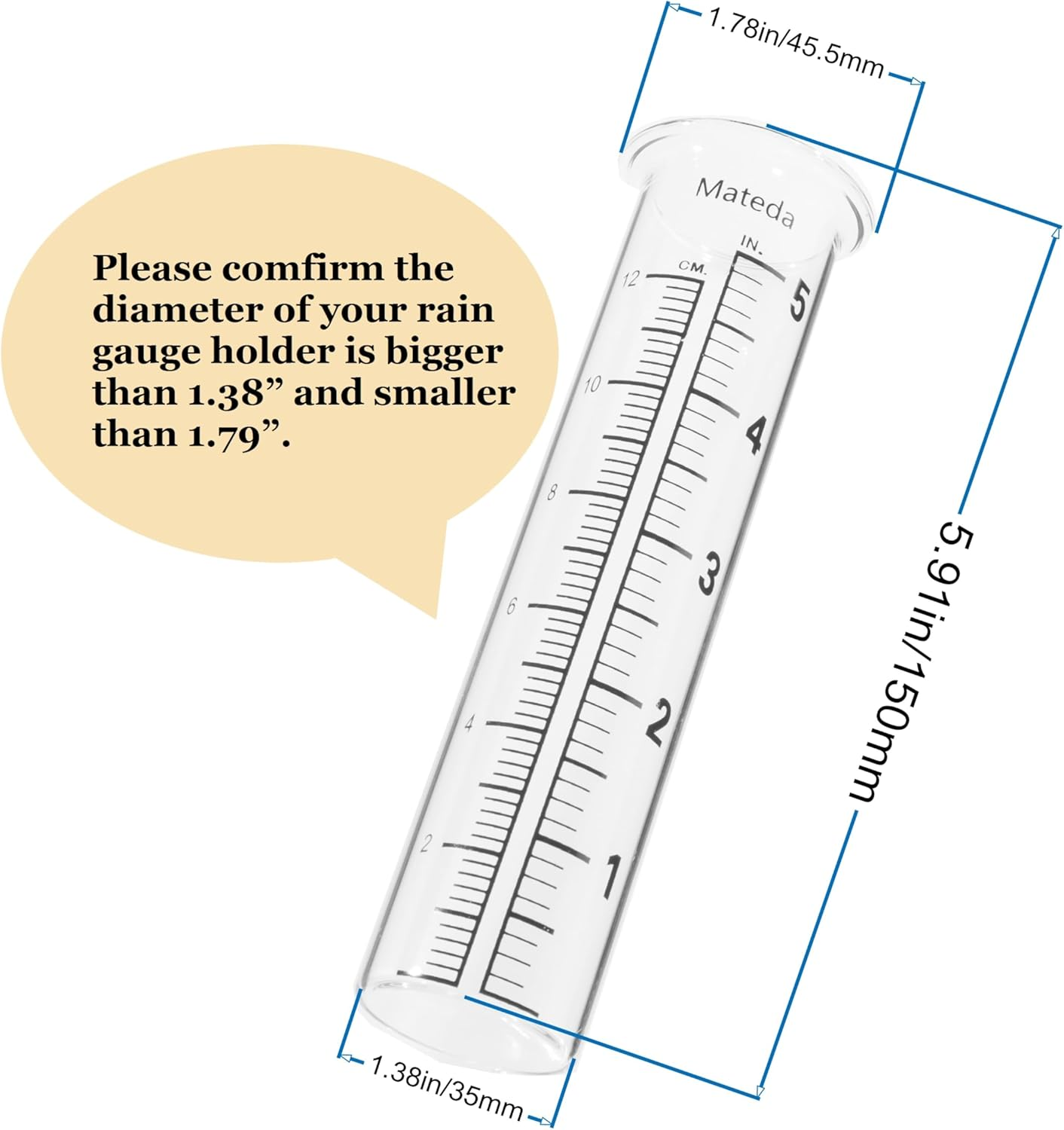 5" Capacity Rain Gauge Glass Replacement Tube, Lip Design, Great for Yard Garden Outdoor Home (2) image number 2