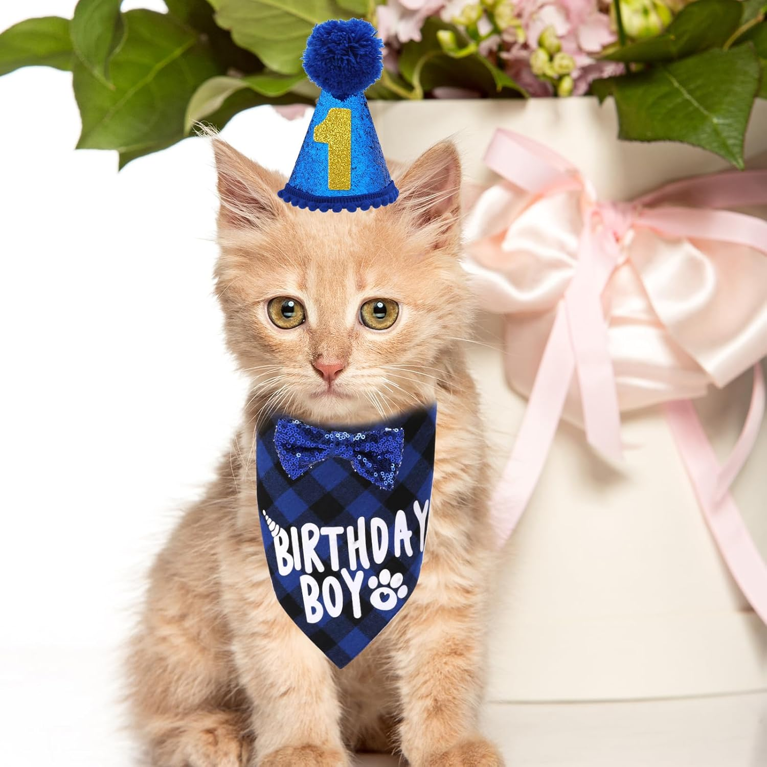 Cat Birthday Party Supplies Breakaway Plaid Cat Birthday Boy Bandana Collar with Bow Tie Cat Kitten Birthday Hat Birthday Number Cat Birthday Outfits Decorations for Cat Kitten image number 3