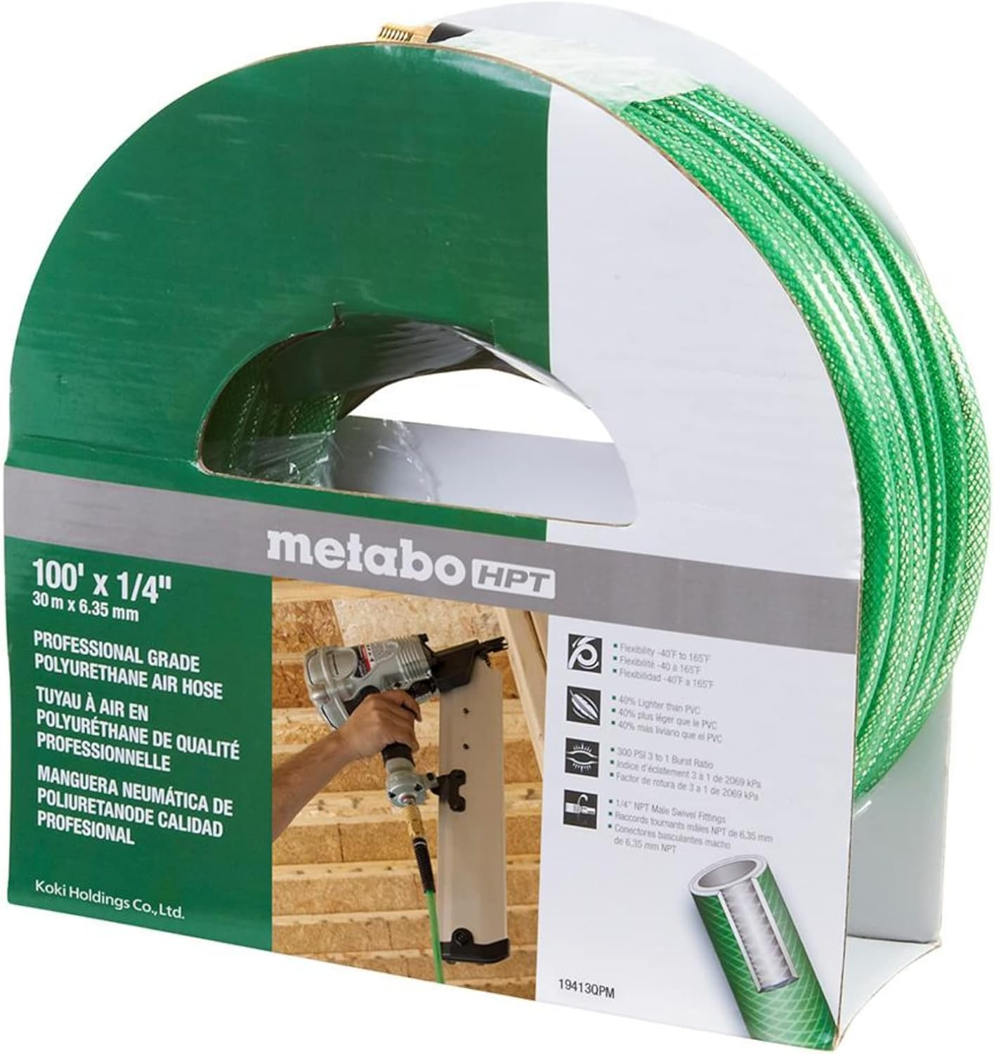 Metabo HPT Air Hose | 1/4-Inch X 100 Ft | Professional Grade Polyurethane | 300 PSI | 19413QPM, Green