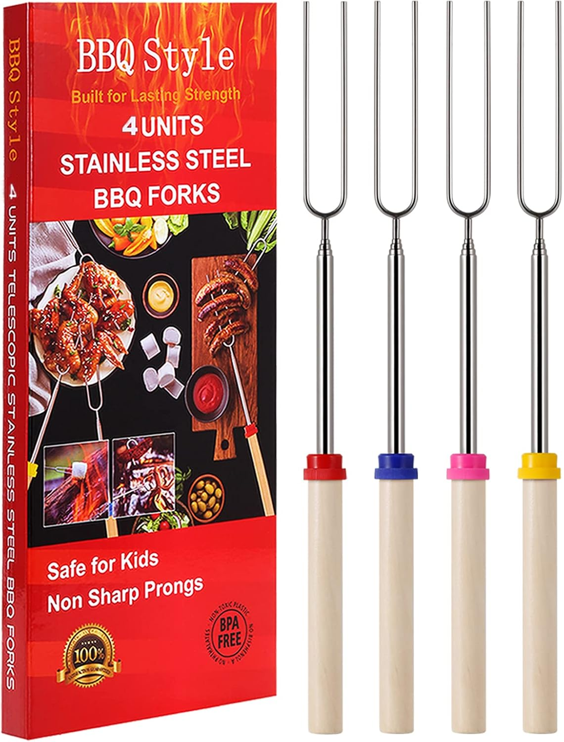 Marshmallow Toasting Forks, Telescoping Smores Sticks for Fire Pit, Marshmallow Roasting Sticks Barbecue Forks for Hotdog Hot Dog Bonfire Smores Skewers for Open Fire Pits Campfire Camping, 4 PCS image number 5