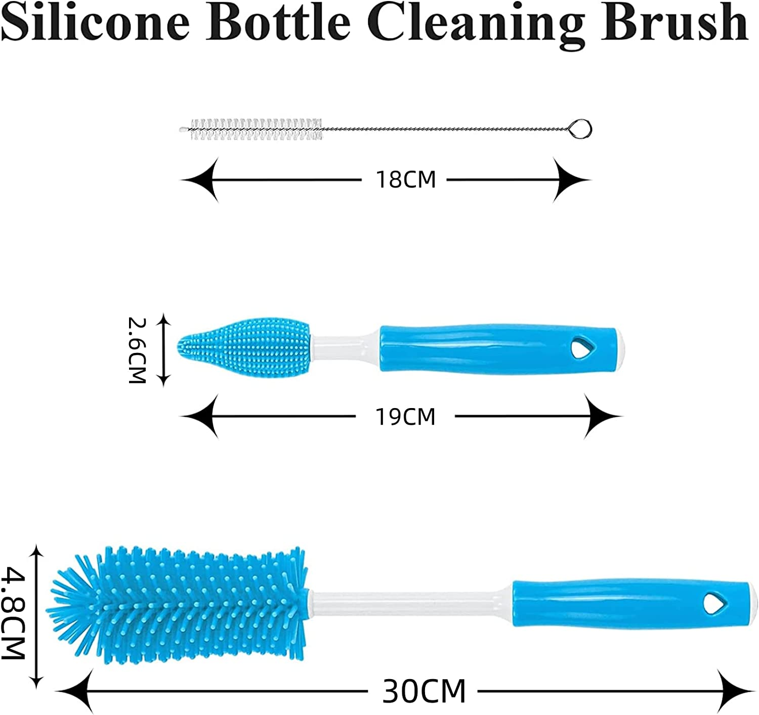 Silicone Bottle Brush Cleaner Set - 3 Pack Long Handle Brushes for Hydro Flask, Glassware, Baby Bottles, Vases, Wine Decanters, Pipes, Narrow Neck Containers - Blue image number 6