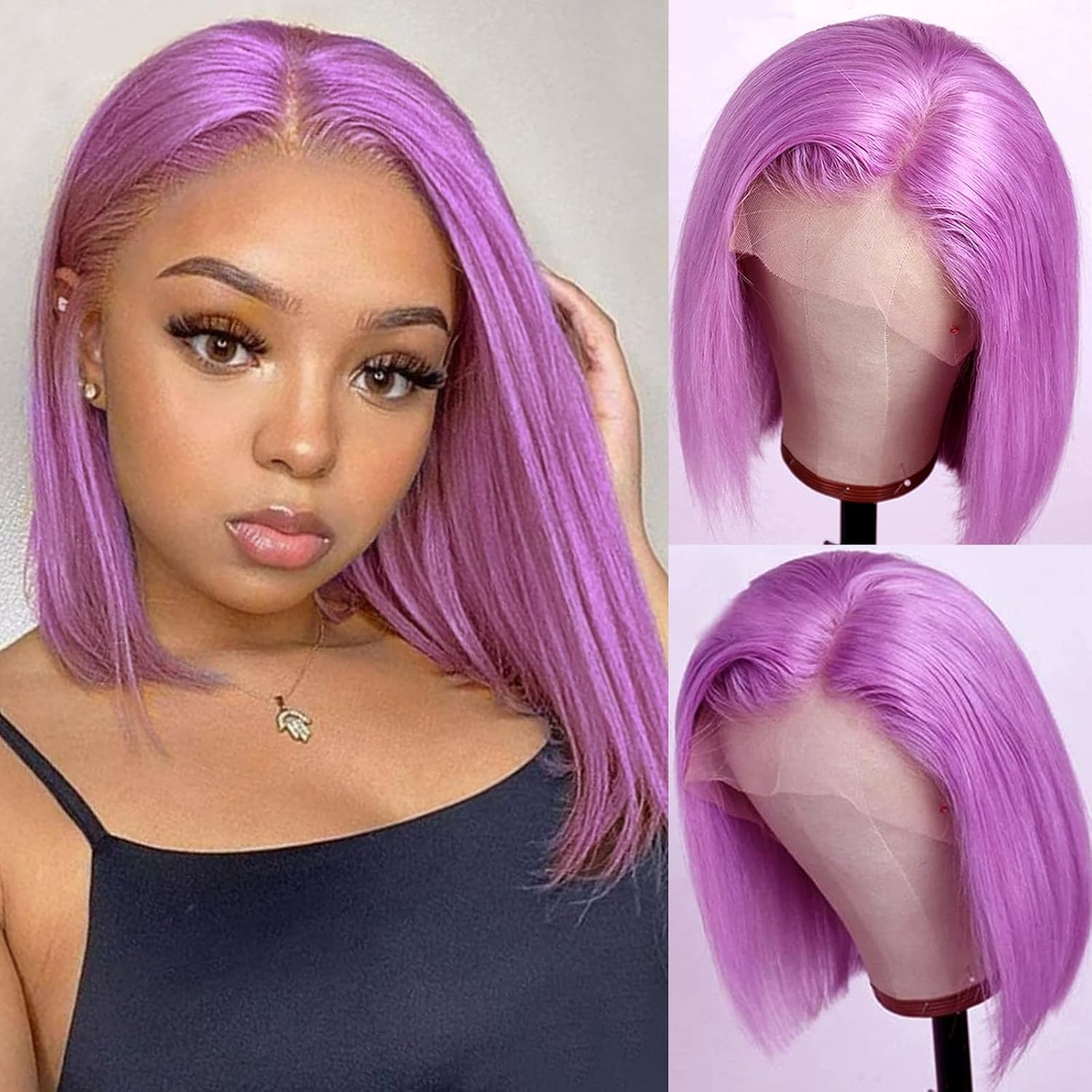 HUIWANYAN Hihmarm Purple Bob Wig Human Hair Glueless Pre Plucked 13X4 HD Lace Front Wig 180% Density Short Bob Wig for Black Women 16 Inch
