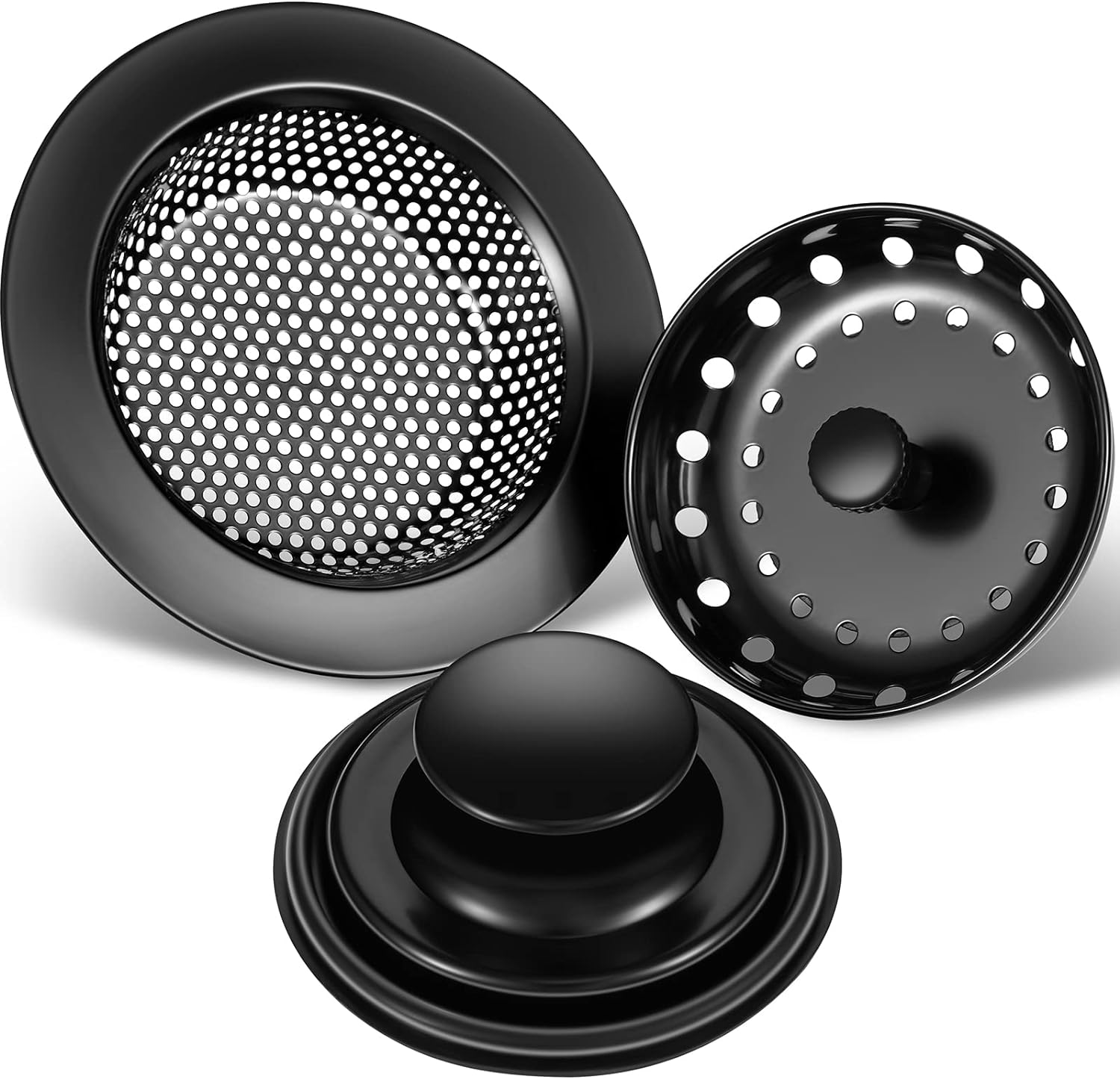 Mudder 3 Pcs Kitchen Sink Drain Strainer and Stopper Stainless Steel Garbage Disposal Plug with Handle Universal Anti-Clogging Kitchen Sink Filter Sieve Basket Strainer(Black)