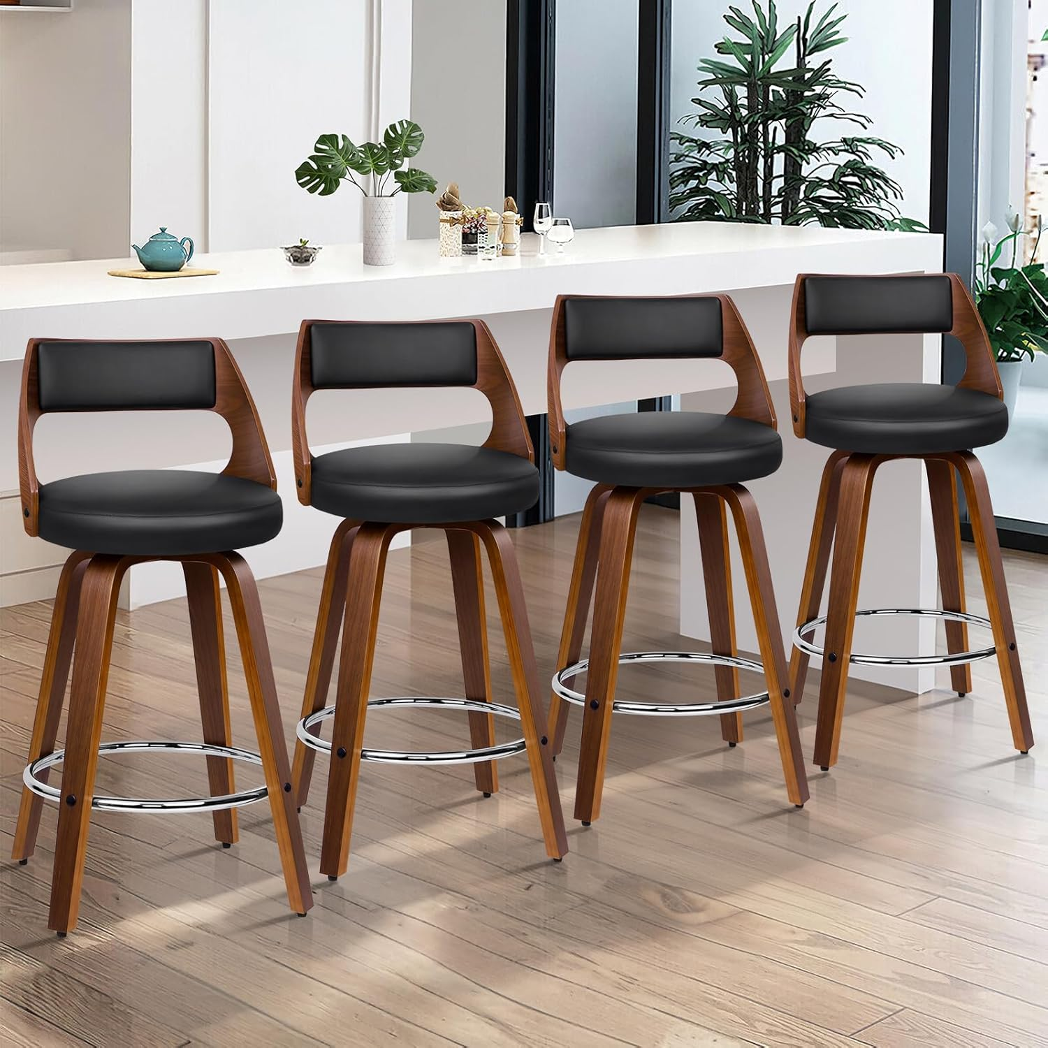 ALFORDSON Bar Stools 4 X Swivel Kitchen Stool 65Cm Seat Height Wooden Counter Stool with Footrest and Adjustable Leg Levelers Leather Leather Dining Chairs for Home Bar Dining Room, Eden Black image number 3