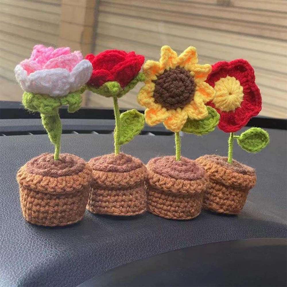Handmade Crochet Flowers,Small Potted Knitted Desk Decorations Home Decoration Car Dashboard Decorations Crochet Artificial Flower (Sunflower) image number 1
