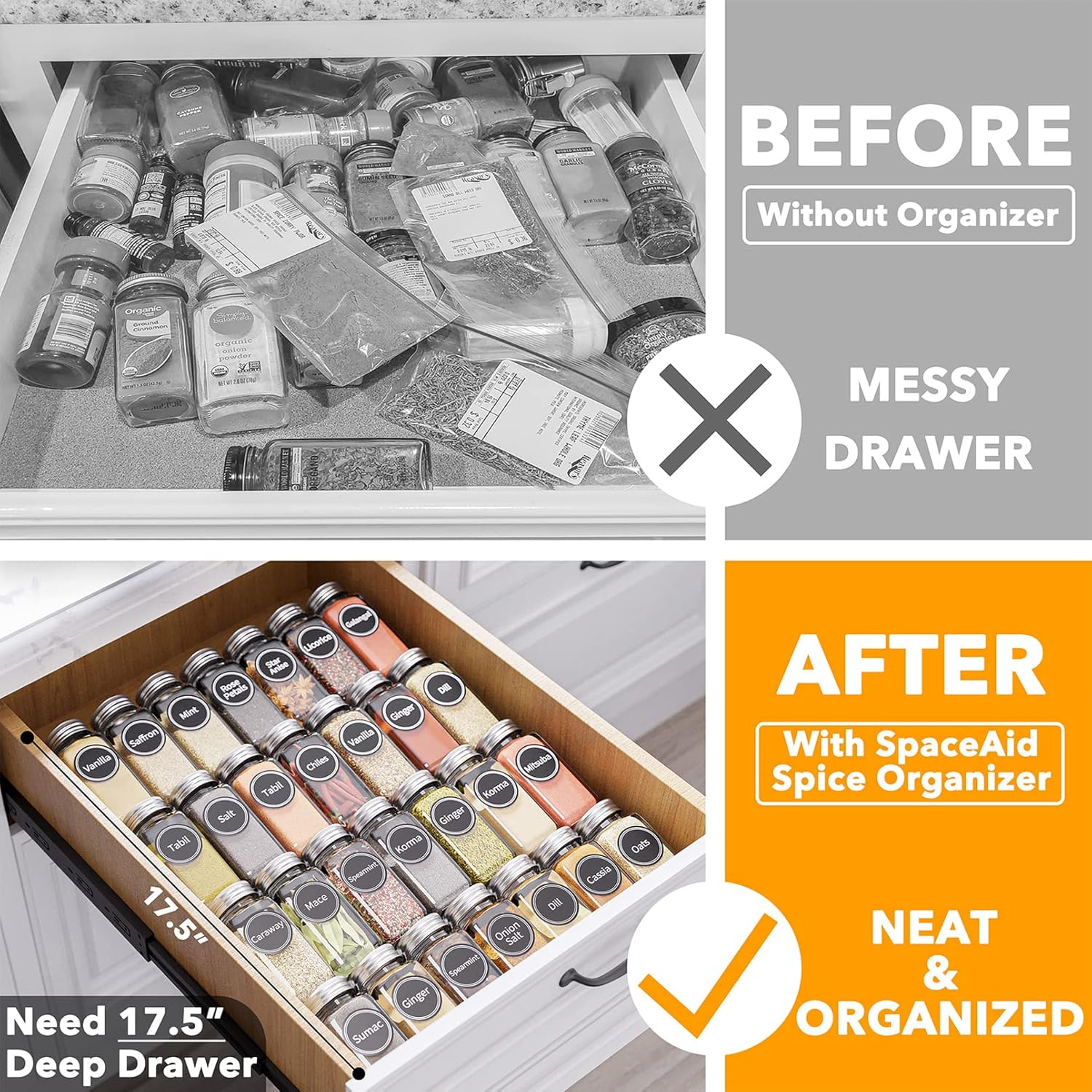 Spaceaid Spice Drawer Organizer with 28 Spice Jars, 386 Spice Labels, 4 Tier Seasoning Rack Tray Insert for Kitchen Drawers, 13" Wide X 17.5" Deep