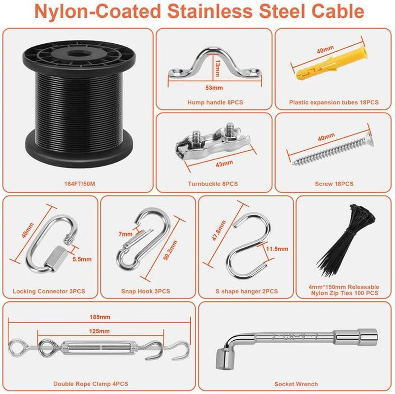 IMAGE String Light Hanging Kit, 164FT String Light Suspension Kit with Nylon Coated and Stainless Steel 304 Wire Rope, Light Hanging Kit for Outdoors