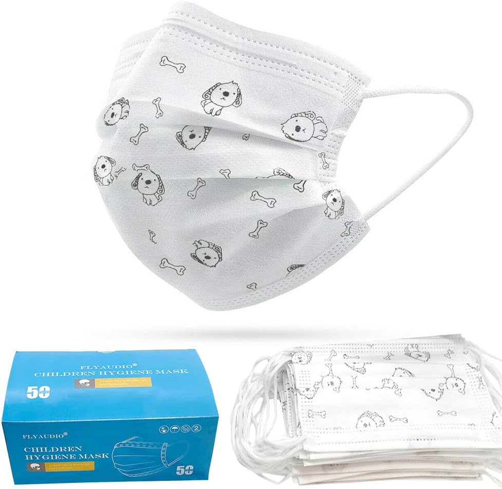 Childrens Disposable Face Mask - Flyaudio 50Pcs 3 Ply Face Mask for Kids with Earloops, Breathable Comfortable, Soft on Skin, Perfect Size Mask for Boys & Girls, White Dog image number 1