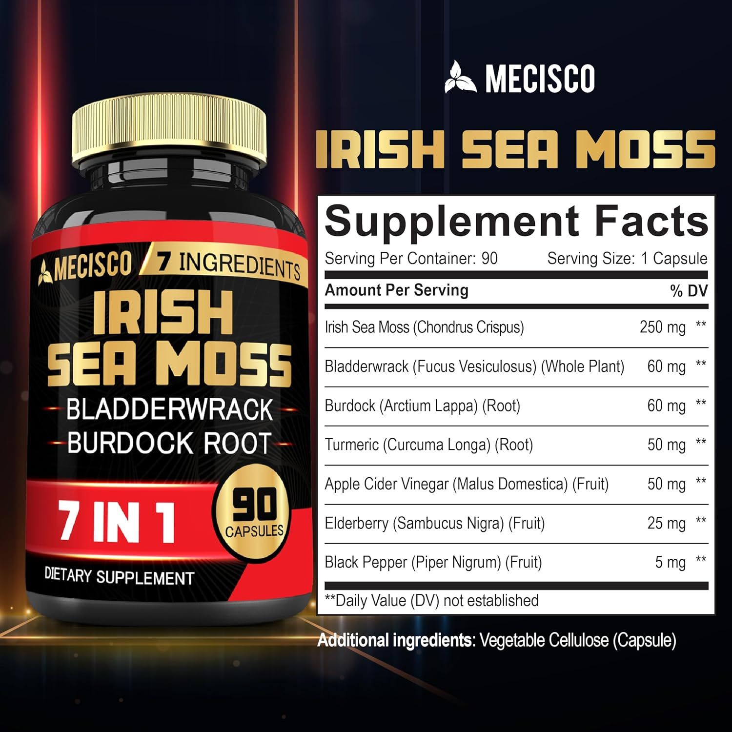 7In1 Irish Sea Moss Capsules 6750 Mg, Blended Bladderwrack & Burdock, Turmeric, Apple Cider Vinegar, and Others - Immune, Thyroid, Skin & Body Support - 90 Caps 3-Month Supply image number 3