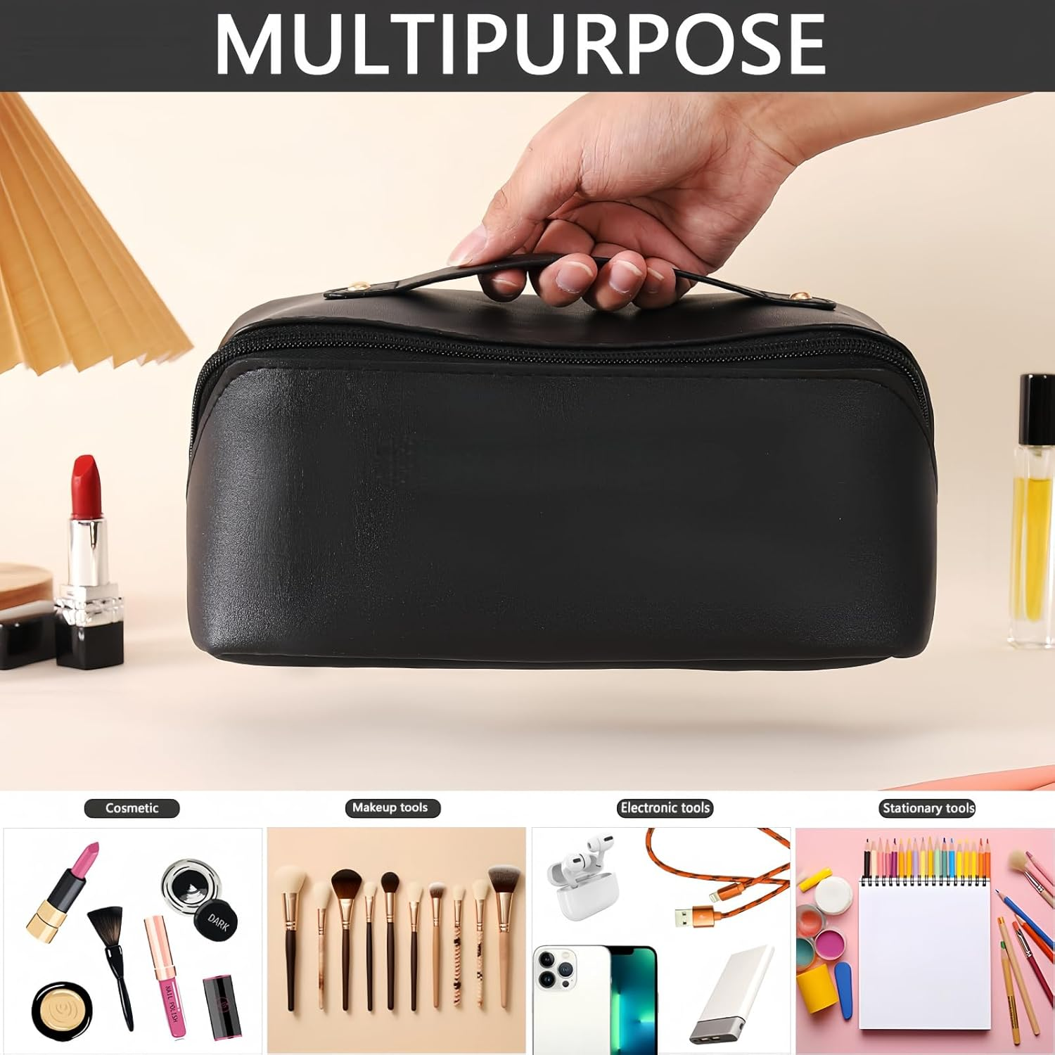 Makeup Bag, Large Capacity Storage Cosmetic Bag,Multifunctional Portable Wash Pouch for Women Travel Storage Bag Skin Care Cosmetics Toiletries (Black) - Black image number 4