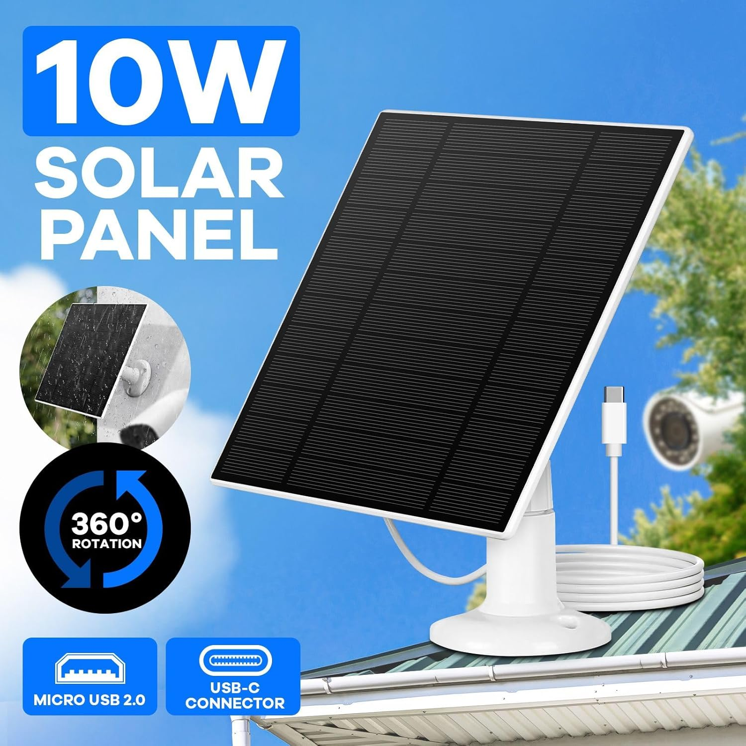 Solar Panel for Security Camera CCTV Surveillance System with Rechargeable Battery IP65 Waterproof 3M Cable Adjustable Bracket Micro USB-C Ports 10W image number 1