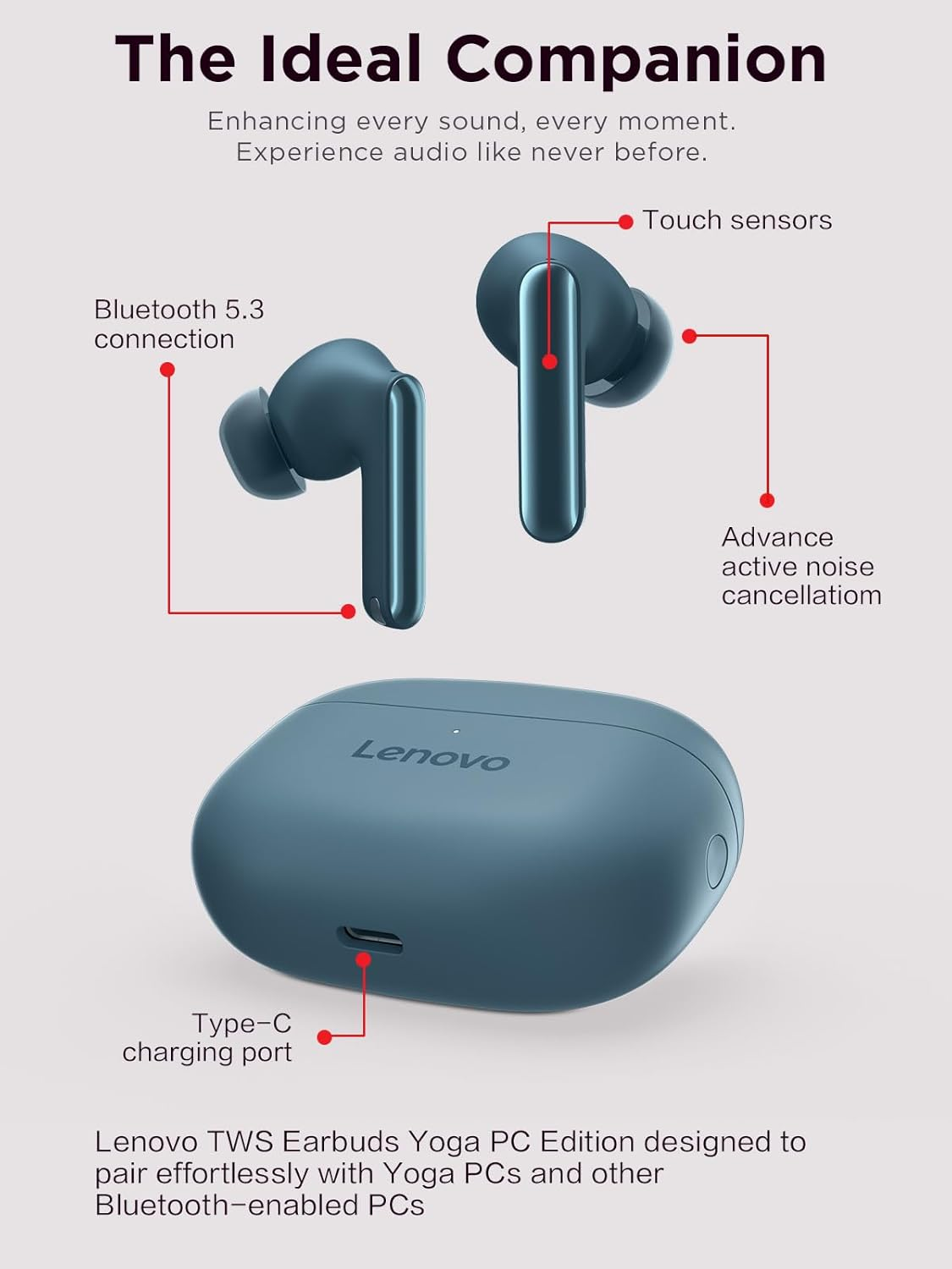 Lenovo TWS Earbuds Yoga PC Edition Tidal Teal Active Noise Cancellation Bluetooth 5.3 Wireless Earbuds ENC 3-Mic Clear Calls AI EQ Mode Switch for Gaming, Movies, Music, and Meetings - Tidal Teal image number 4