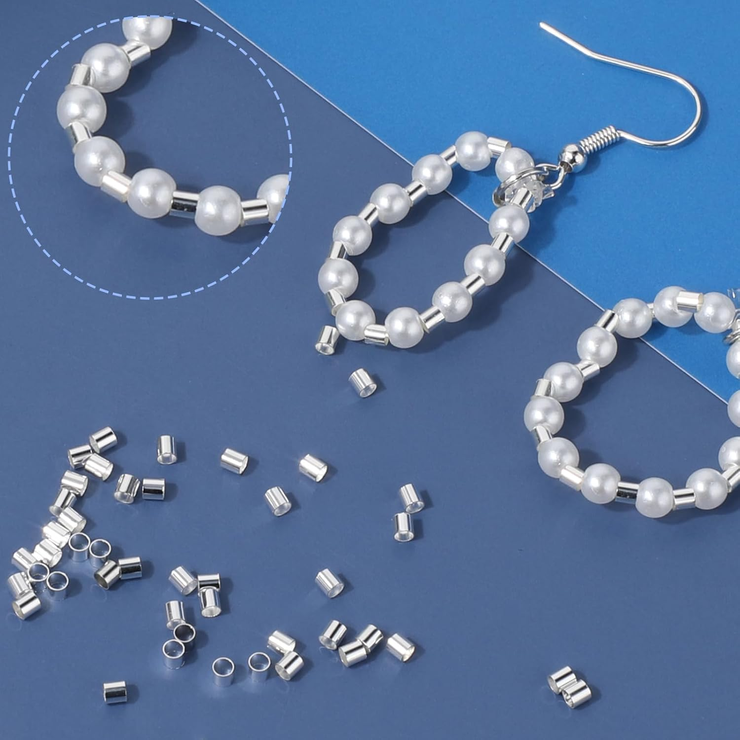 500 Pcs Crimp Beads Brass Crimp Tubes Crimping Beads Jewelry Crimp Bead Stopper Loose Spacer Beads Cord Ends for Earring Necklace Pendant Jewelry Making (Silver) image number 5