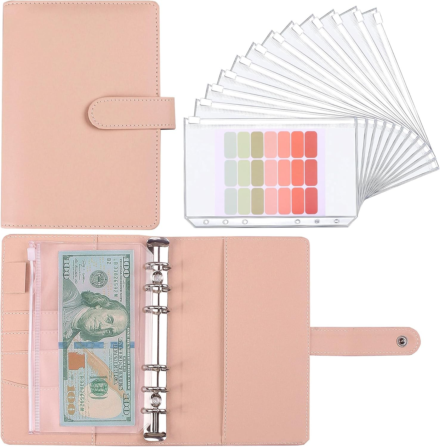Money Saving Binder, Savings Challenges Book with for Cash Envelopes, 12Pcs Zipper Envelopes A6 Budget Binder, Budget Planner for Managing Budgets and Saving Money (Pink-7.4In) - Green-7.4 image number 3