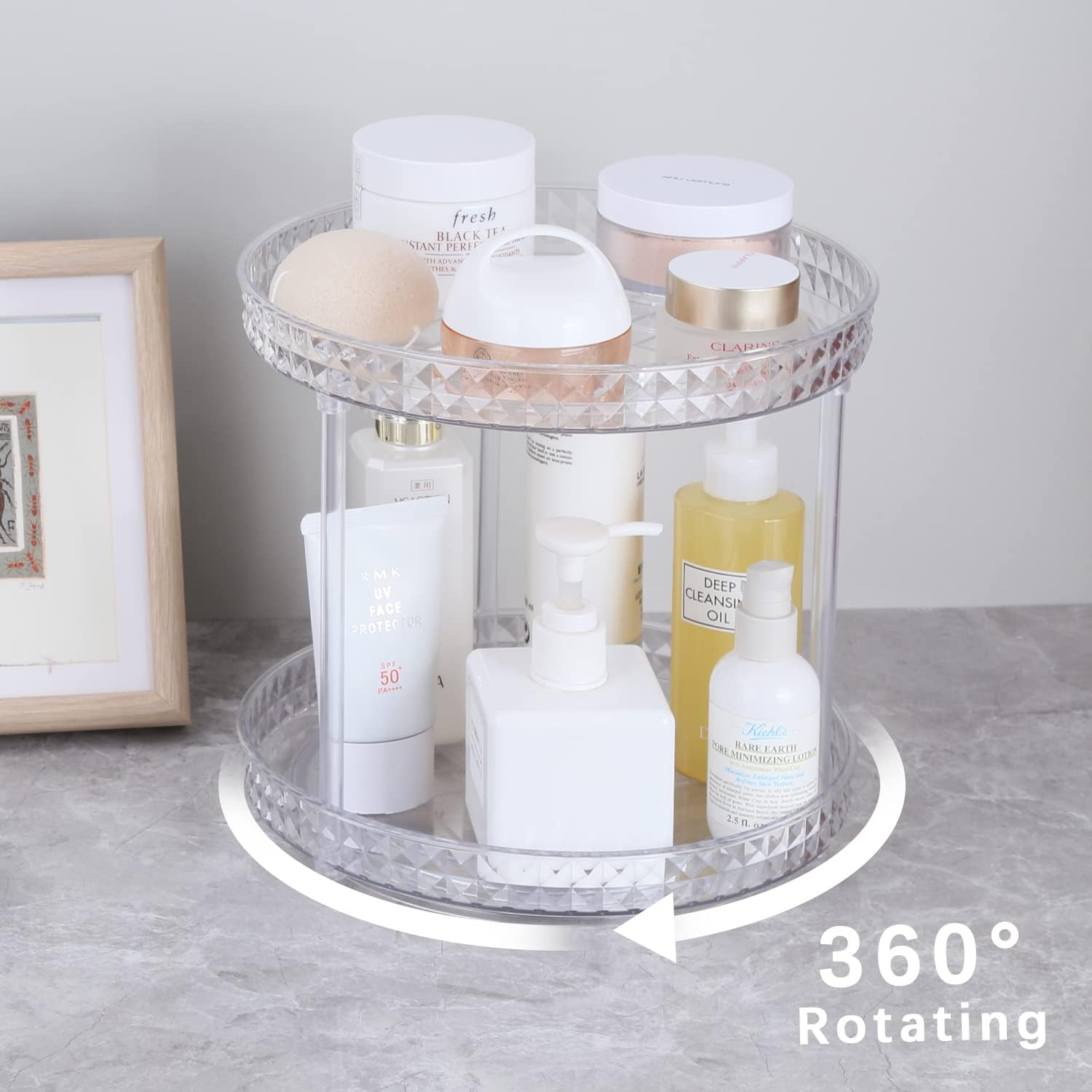ROWNYEON Rotating Makeup Organizer 2 Tier Skincare Organiser Lazy Susan Bathroom Organiser Perfume Organiser Spinning Cosmetics Organizer for Vanity，Cabinets, Pantry, Fridge, Countertops，Kitchen image number 2