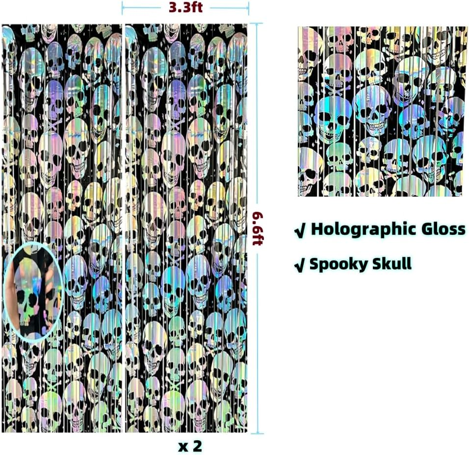 2 Pack 6.6Ft Halloween Foil Fringe Curtain, Holographic Skull Metallic Tinsel Streamer Spooky Party Photo Booth Props Backdrop for Wall Door Indoor Outdoor Decoration