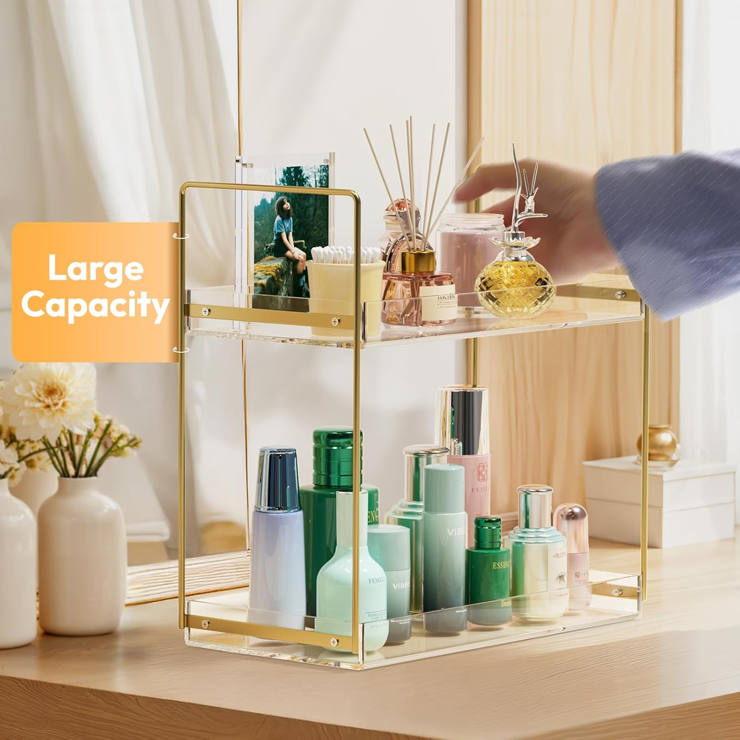 Bathroom Countertop Organizer, 2 Tier Acrylic Tray Vanity Counter Skincare Organizer Shelf, Kitchen under Sink Standing Rack, Home Storage Holder for Lotion Makeup Cosmetics Perfume Spice, Gold image number 1