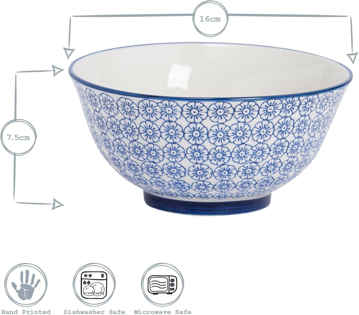 Nicola Spring Patterned Cereal Bowls - Orange - 16Cm - Pack of 6 - Hand Printed Japanese Style Porcelain Serving Bowls for Dessert, Pasta, Cereal, Salad, Noodles, Soup image number 4