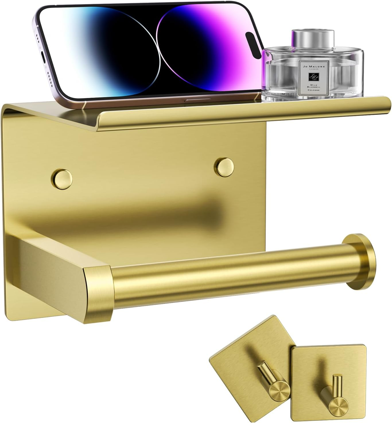 Tindbea Toilet Paper Holder with Phone Shelf + Towel Robe Hooks, Adhesive or Screw Wall Mounted Toilet Paper Roll Storage Dispenser, Stainless Steel Bathroom Tissue Roll Holder (Bronze)