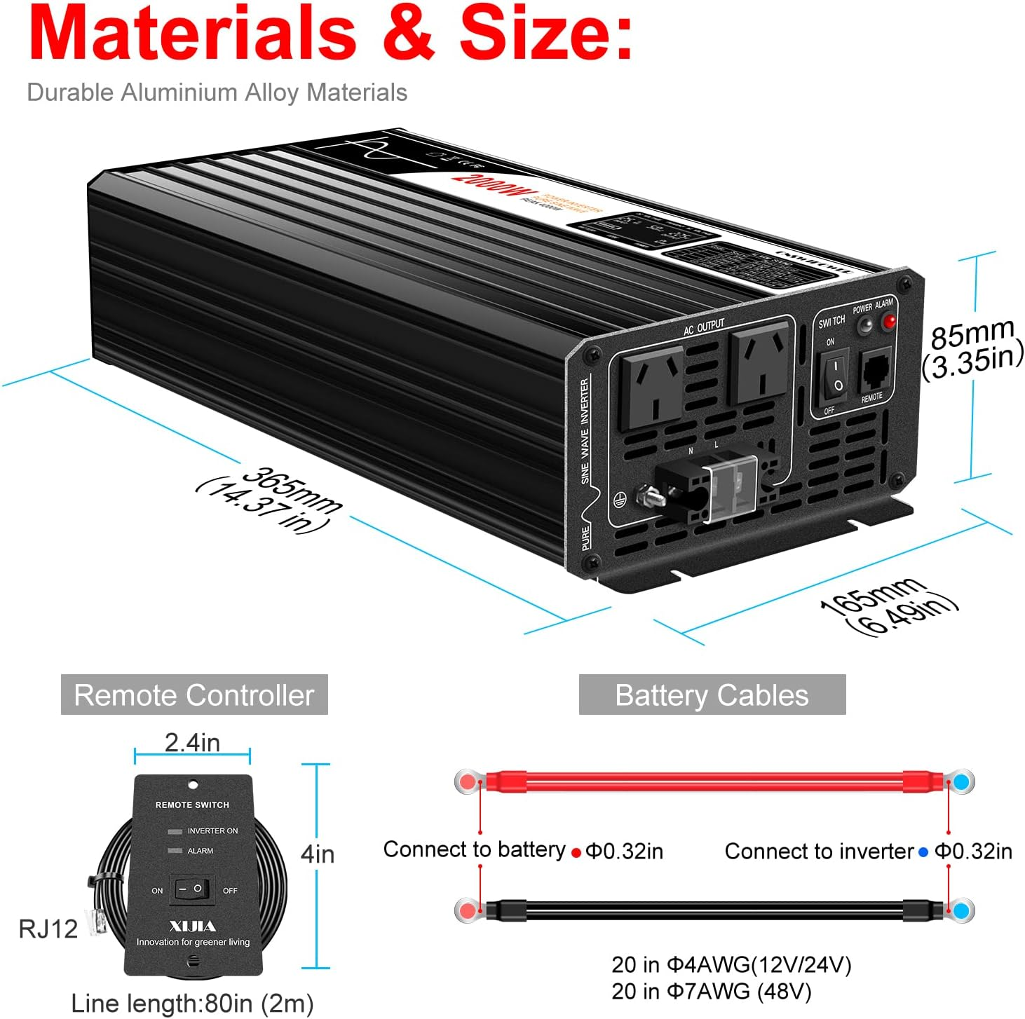 Xijia Pure Sine 2000W DC 24V to AC 240V Solar Power Inverter for Camping Boat (DC24V (Range 20V-30V) 2000W)