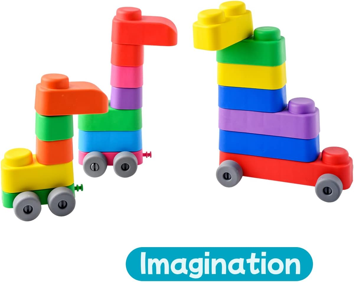 Soft Building Blocks (15 Pcs + 12 Wheels) Montessori Toys for Toddlers Age 3 Years | European Made | Colourful Early Learning Play Bath Cars Sensory Stacking Blocks image number 1