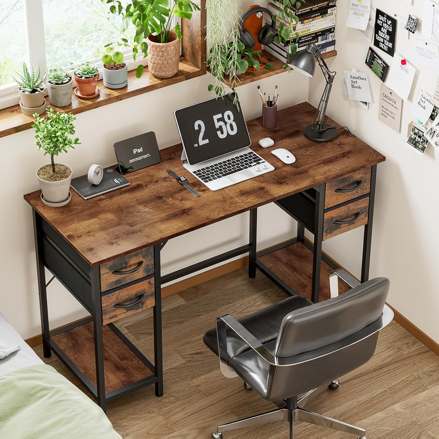 Forthcan Computer Desk, 47 Inch Office Desk Work Table with 4 Drawers, Gaming Desk with Storage, Writing Desk Work Desk for Home Office, Study, Bedroom, Rustic Brown image number 2