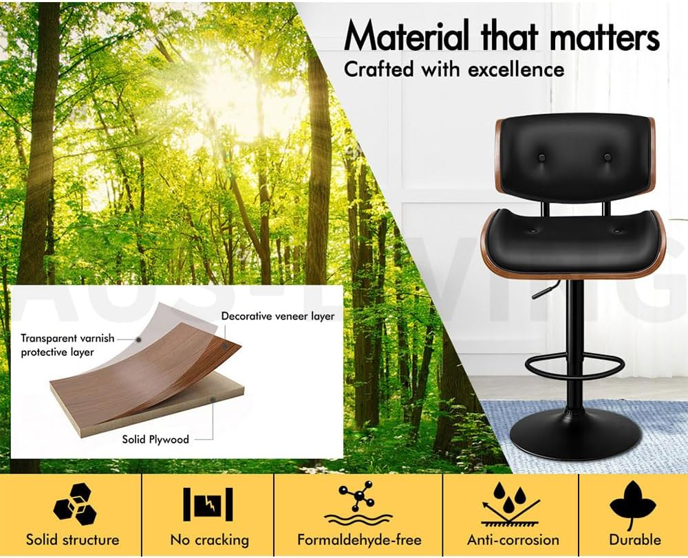 ALFORDSON Bar Stools, 2 Pcs Kayla Swivel Counter Barstool with Anti-Slip Floor Protector, Adjustable Kitchen Stool, Wooden Dining Chair in 62.5-84Cm Seat Height for Home Bar Dining Room