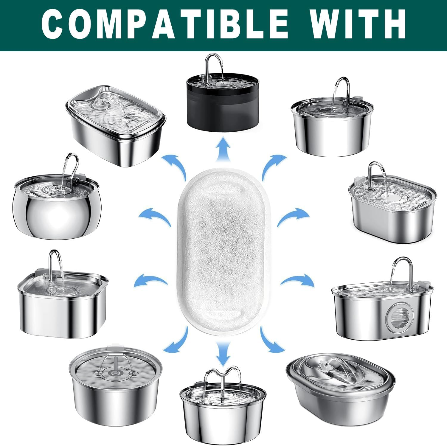 BEANPRECOY Cat Water Fountain Filters Compatible with Stainless Steel Pet Fountain with 8/12 Sponges Replacement Filters for Cat Fountain Adjustable Water Flow Pet Water Fountain Dog Water Fountain