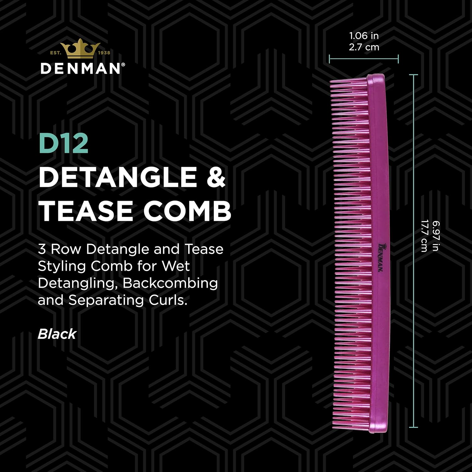 Denman D12 Tame & Tease Comb, Pink, 1 Count image number 2