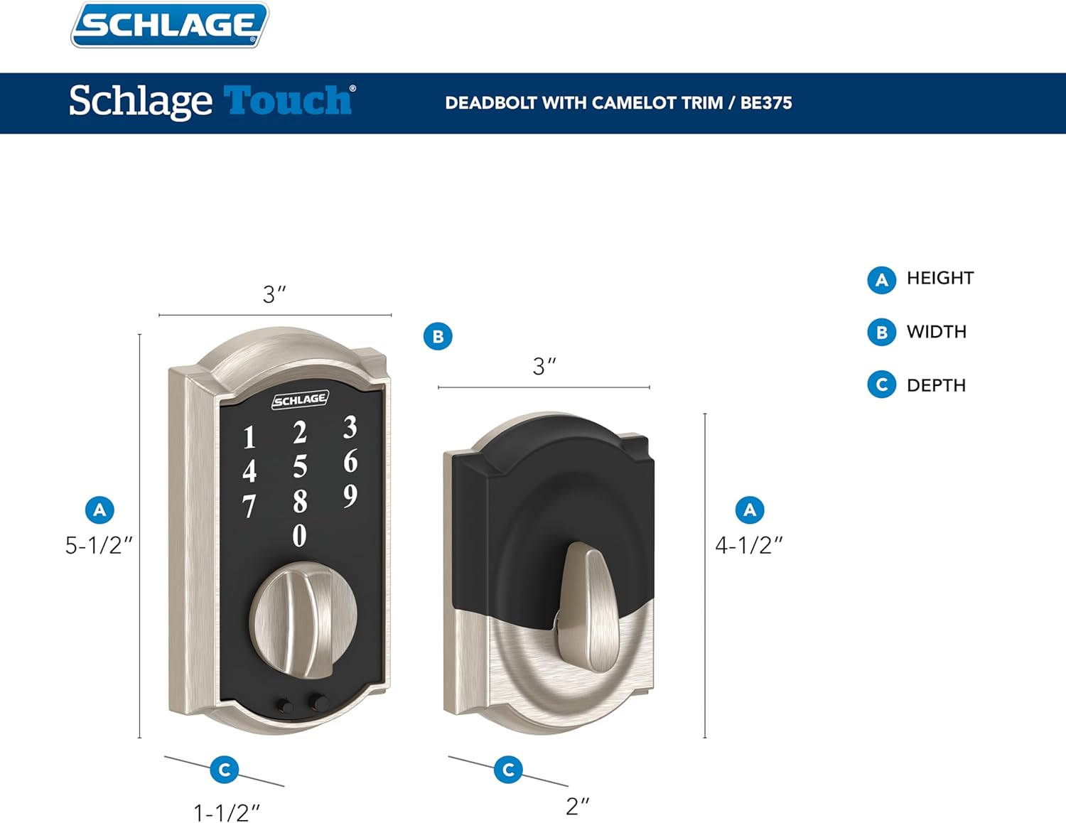 Schlage Touch Camelot Deadbolt (Bright Chrome) BE375 CAM 625 image number 5