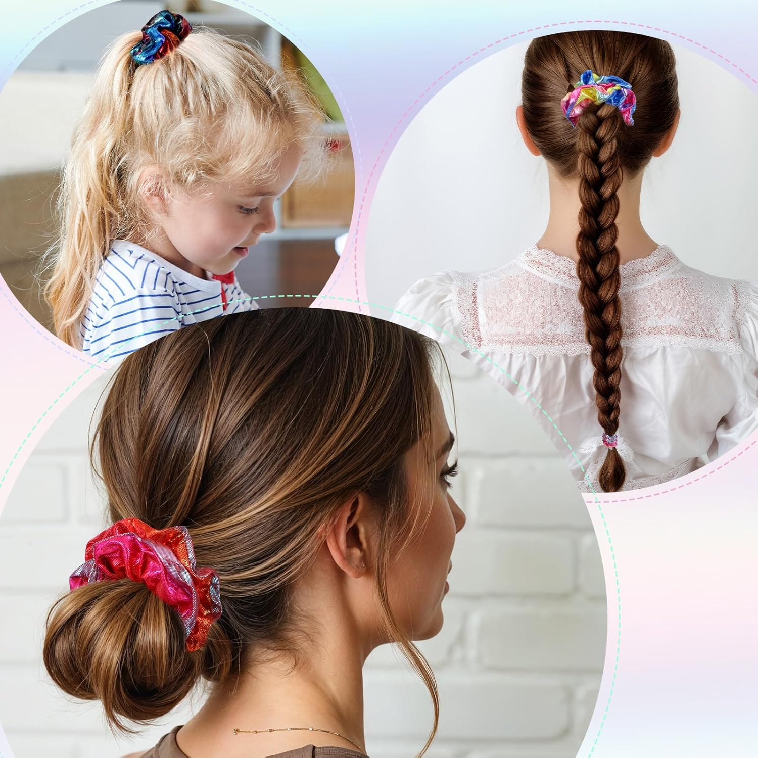 Qfgasre 24Pcs Scrunchies for Women Shiny Metallic Elastic Hair Bands Scrunchy Rainbow Hair Scrunchies Colorful Hairs Ties for Women Gymnastics Birthday Party Favors image number 3