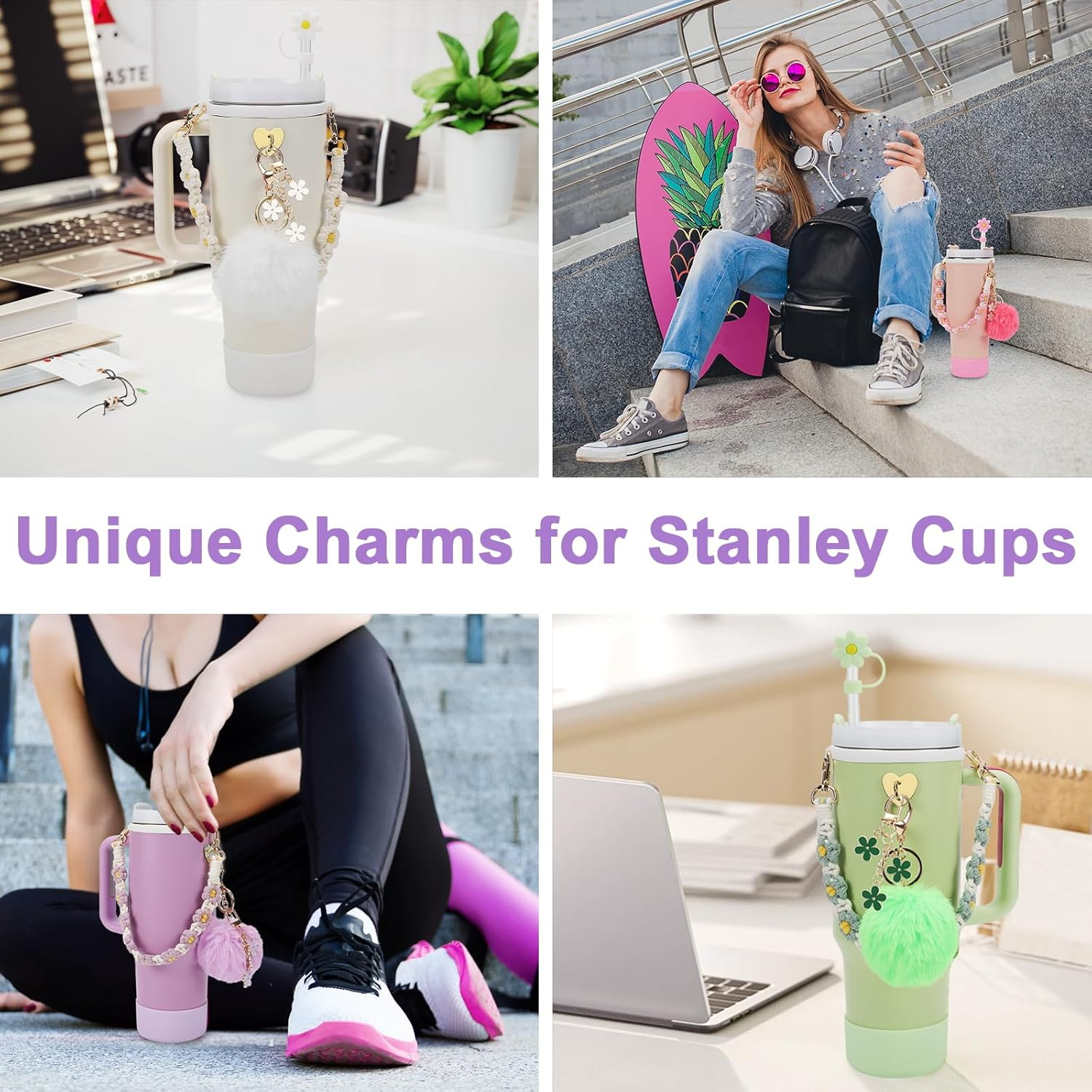 Stanley Cup Accessories Set Including Water Bottle Handle Strap, Siliocne Stanley Cup Boot, Siliocne Straw Cover, Stanley Charms for Stanley Cup 40Oz & 30Oz Tumbler - Purple image number 2