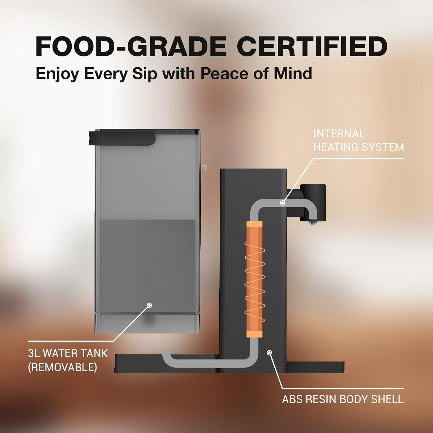 AIRHOP Instant Hot Water Dispenser, Quick Heating Hot Water Dispenser with Child Locks, Adjustable 5 Temp with 3 Water Volume Dispense, 3L Removable Tank, Ideal for Home Office Kitchen, Black image number 6