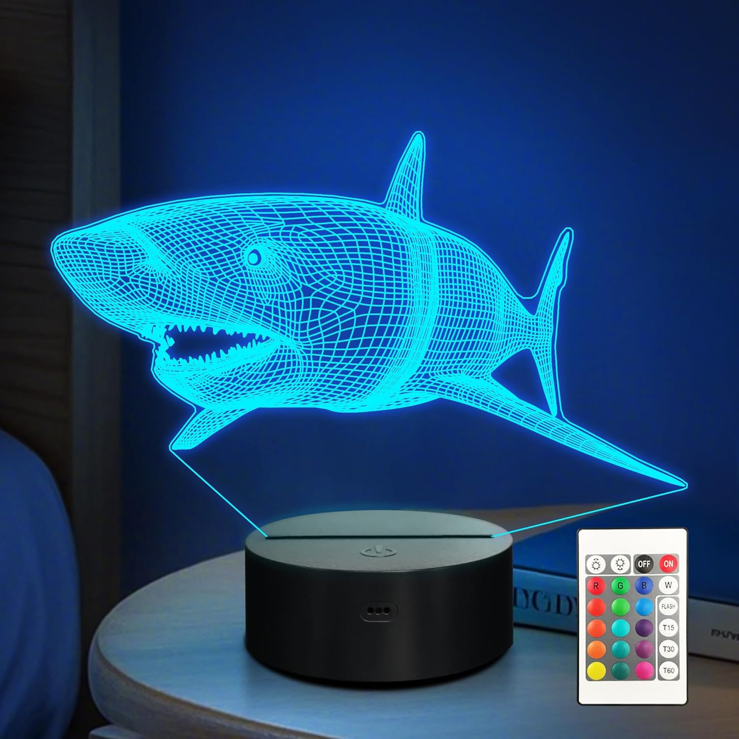 3D Shark Lamps Ocean Animal 3D Illusion Nightlights Led Timer Desk Dimmable Table Shark16 Color Changing Lights with Remote Control for Kids Boys Girls Children Holiday Birthday Xmas Gift image number 1