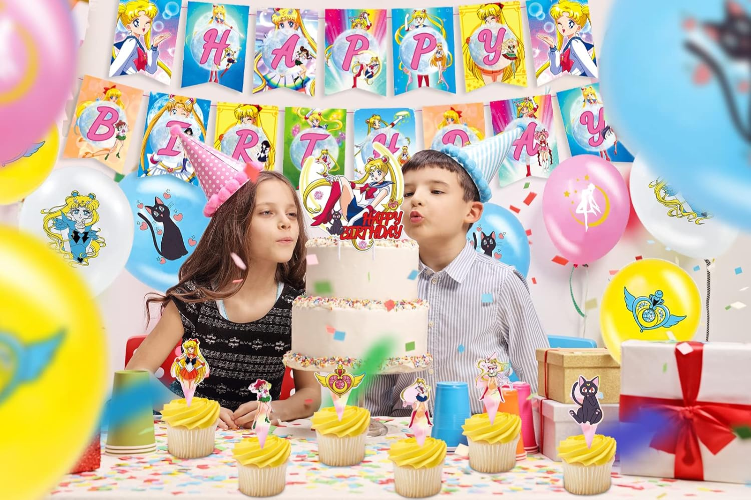 Sailor Moon Birthday Party Decoration Set - 34 Pieces Including Balloons, Happy Birthday Banner, Cake and Cupcake Decorations for Children'S Theme Party image number 6