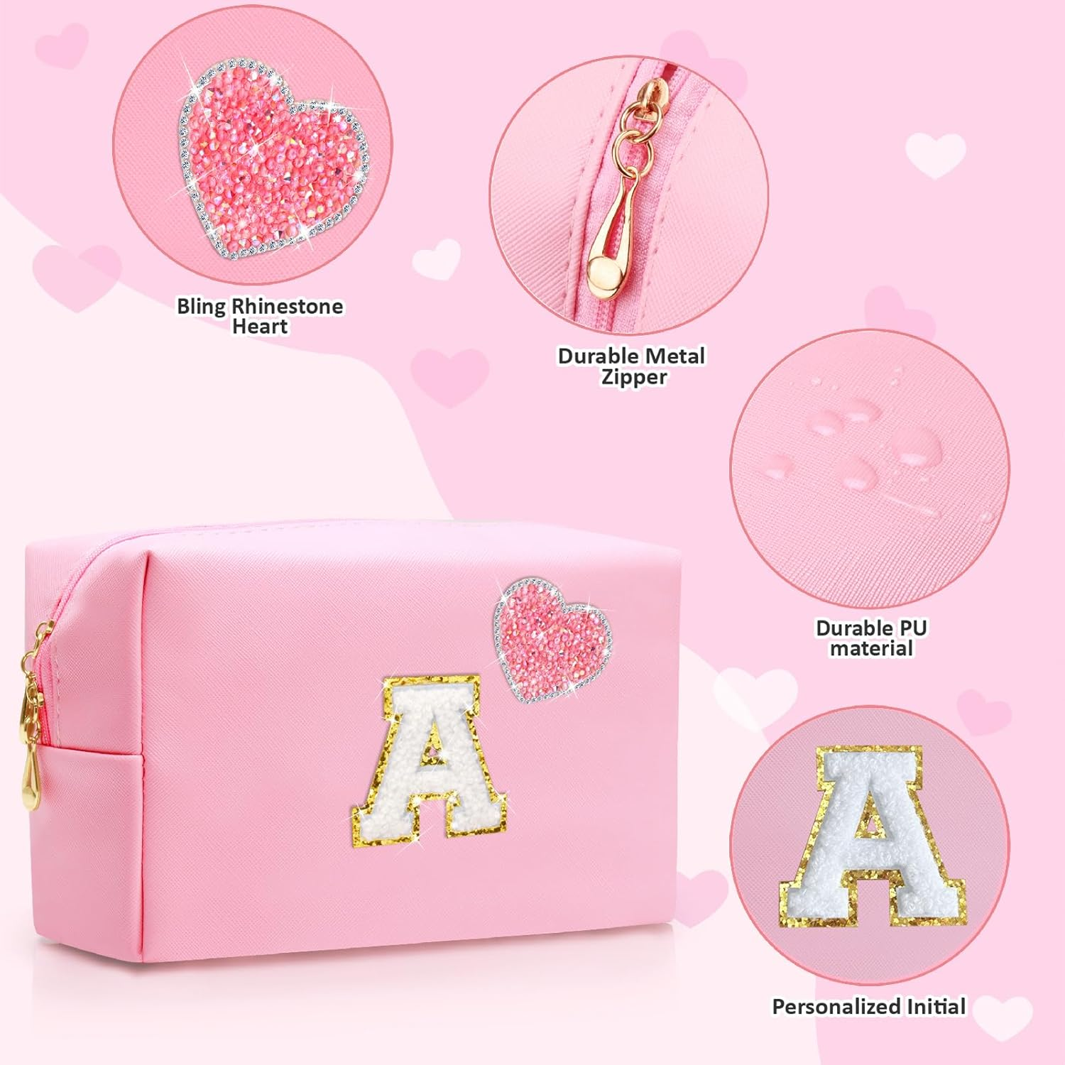 YILANCOL Personalized Initial Makeup Bag with Bling Heart Preppy Cosmetic Bag Cute Toiletry Travel Bag for Teen Girls Women Letter Makeup Pouch Purse for Holiday Birthday Christmas Gifts, Pink image number 3