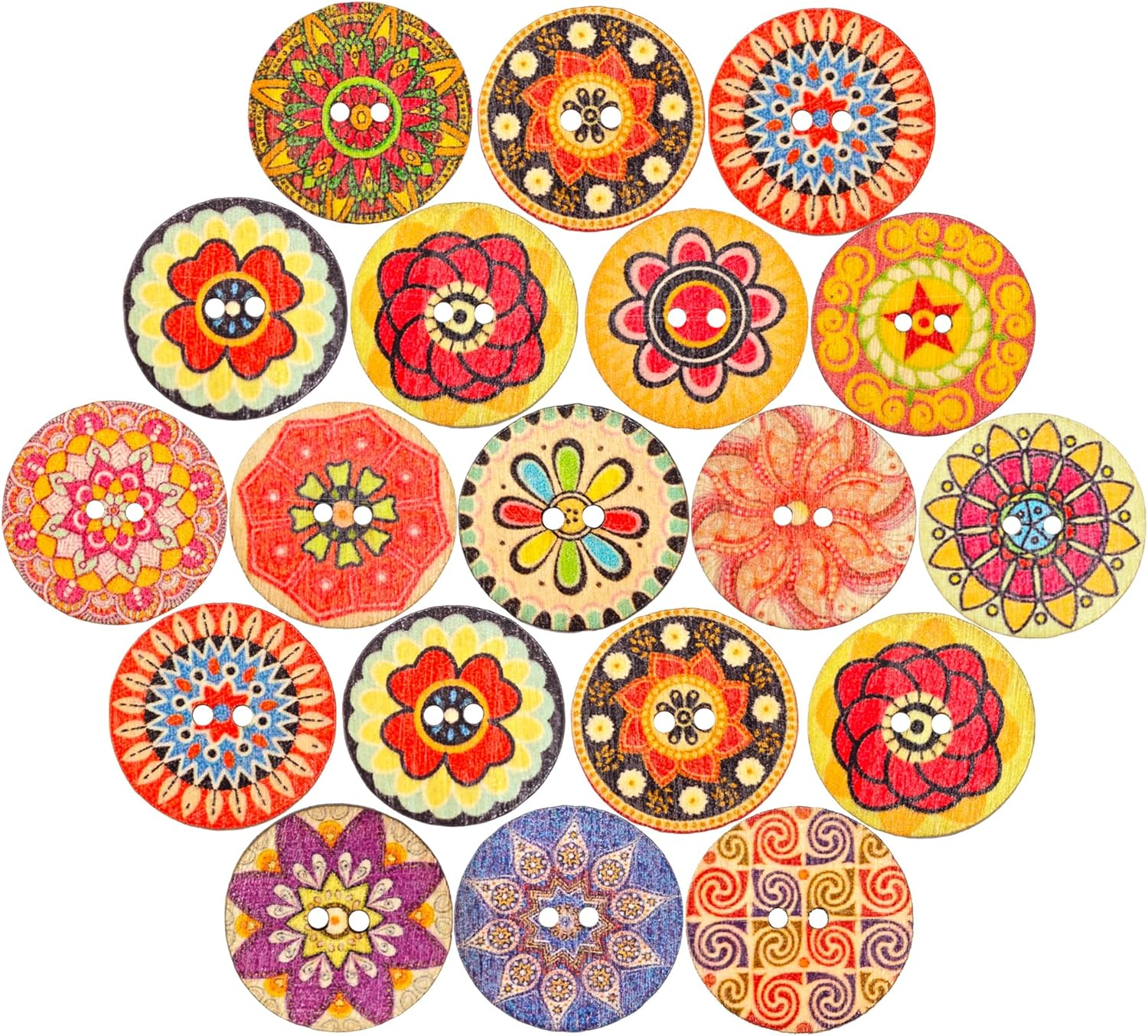 CANDEOLA 120-Pcs 1" Big Mixed Vintage Flower Wooden Buttons | Bulk Assorted Colors Natural Wood Buttons for Sewing Clothes Crafts Decorations (25Mm)