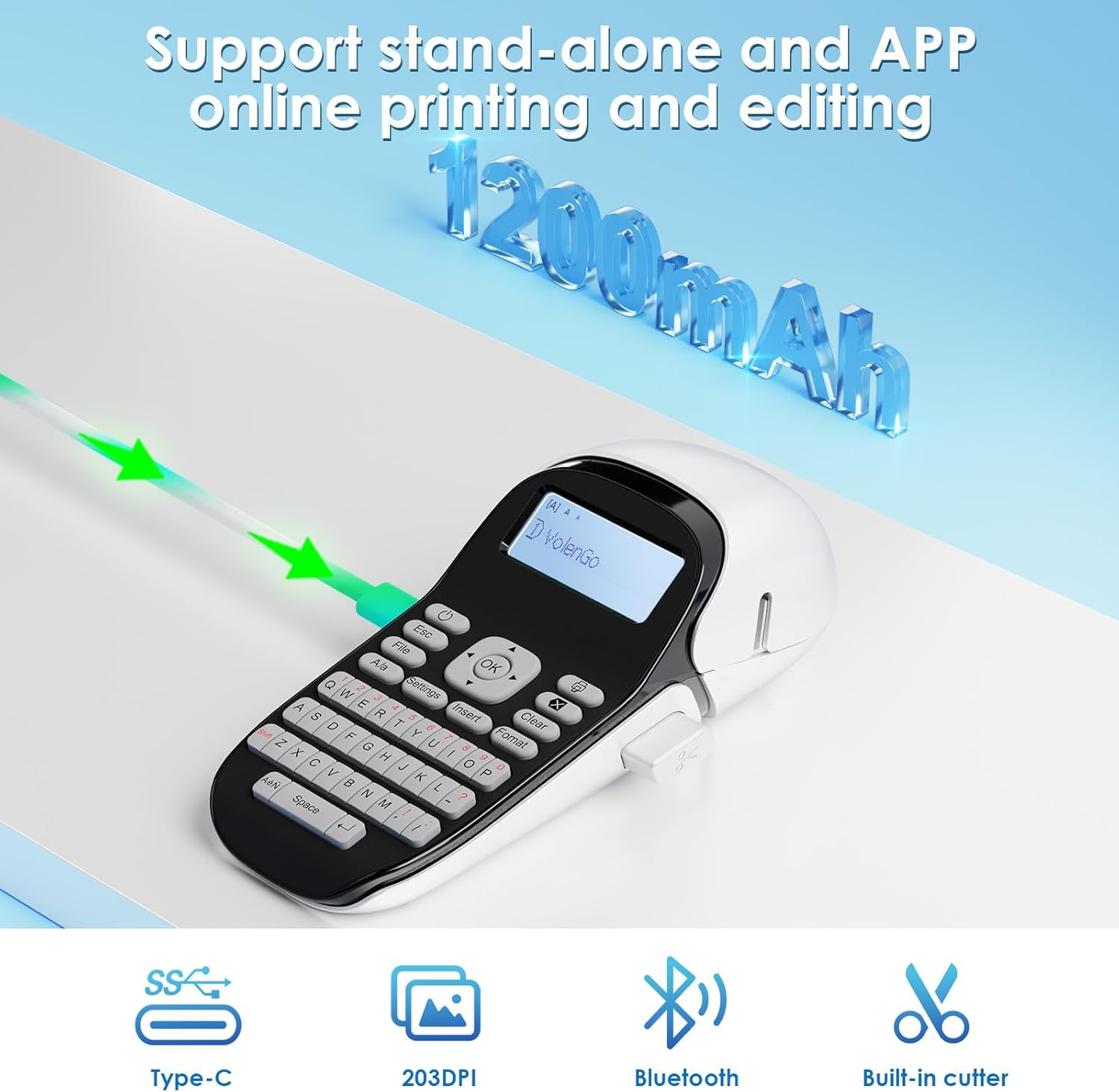 Volengo LT12 Label Maker, Handheld Portable Label Printer, Easy to Use, QWERTY Keyboard, Backlit LCD, for Home, Office, and On-The-Go Use image number 6