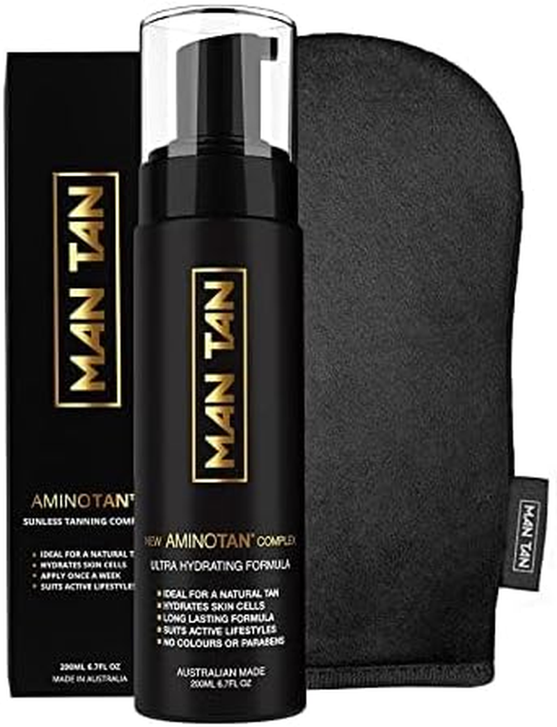 MAN TAN - Sunless Tanner Starter Pack for Men | AMINOTAN Best Clear Self Tan Mousse for Men Works with Hair + Sweat Proof (Mitt & Bottle) - 200Ml image number 4