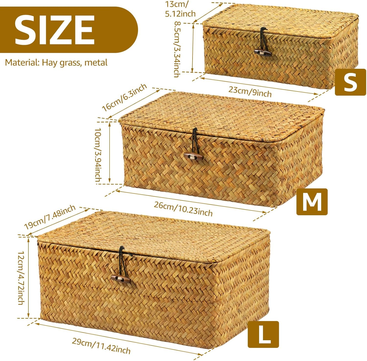 3 Pcs Hay Storage Basket - Handmade Woven Box with Lid, Sturdy Enduring Multifunctional Stackable Easy to Clean Basket for Toys Cosmetics Bathroom image number 3