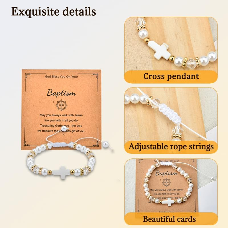 Christian Gifts for Girls First Communion Baptism Gifts for Girls Pearl Cross Bead Bracelet with Card image number 1