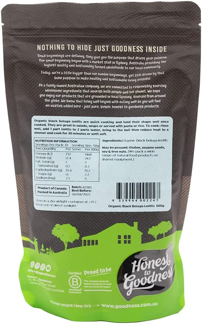 Honest to Goodness, Organic Black Beluga Lentils, 500 Grams - a Rich Earthy Flavour, Soft Texture and Quick to Cook. Good Source of Plant Based Protein. image number 4