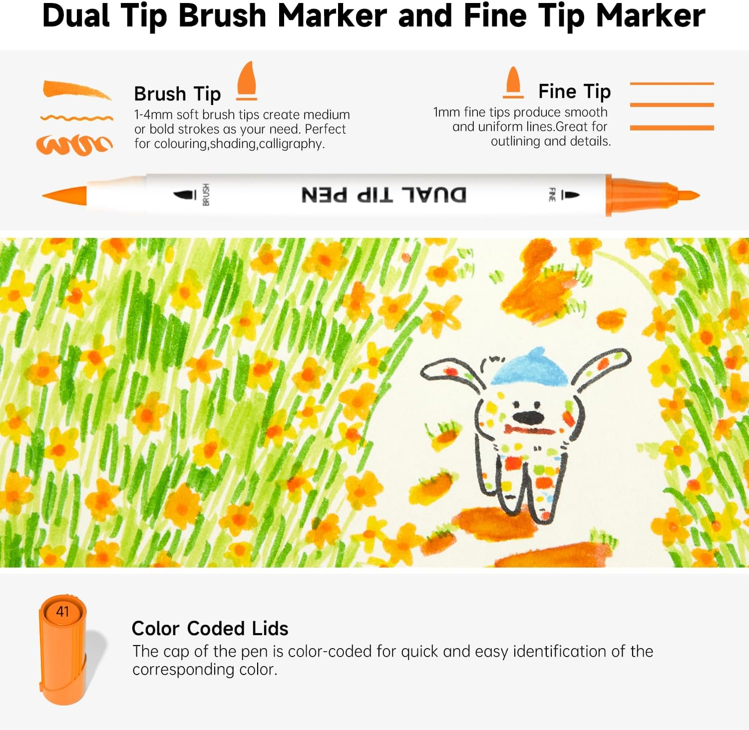 Shuttle Art Dual Tip Brush Pens, 70 Colours Fine and Brush Tip Markers Set with Portable Case & 1 Colouring Book, Felt Tip Colouring Pens for Adults and Children Colouring Calligraphy Journal Doodling - 96 Colours image number 7